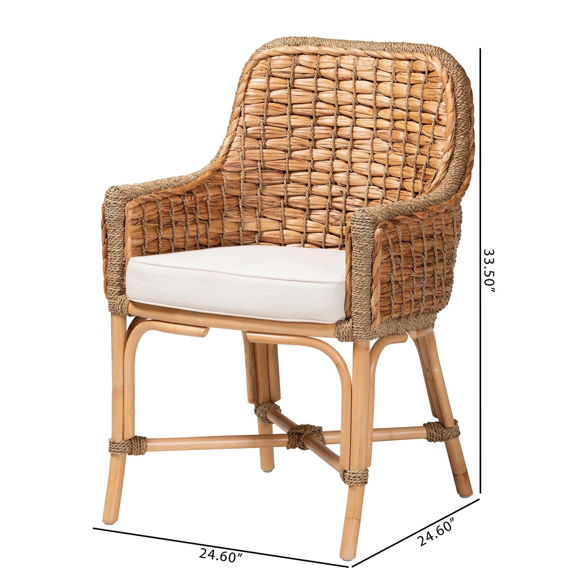 bali & pari Kyle Modern Bohemian Natural Brown Woven Rattan Dining Arm Chair with Cushion