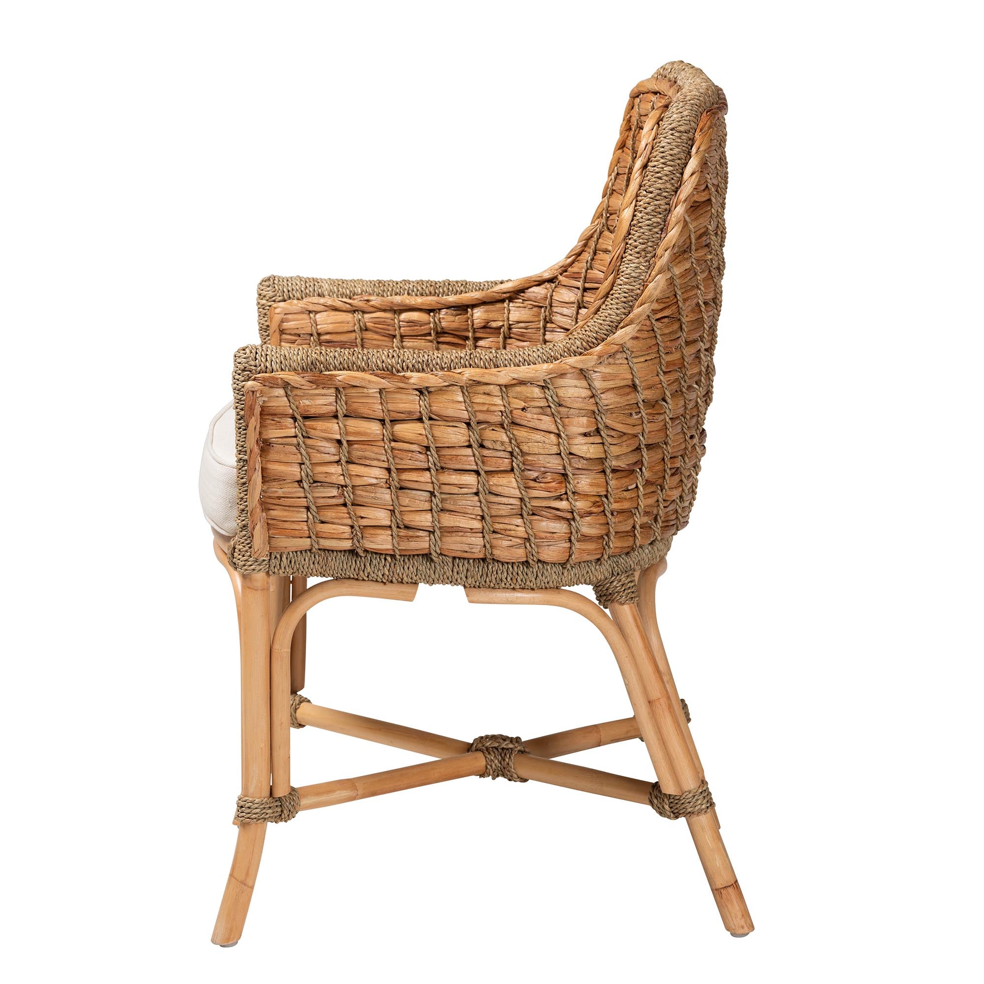 bali & pari Kyle Modern Bohemian Natural Brown Woven Rattan Dining Arm Chair with Cushion