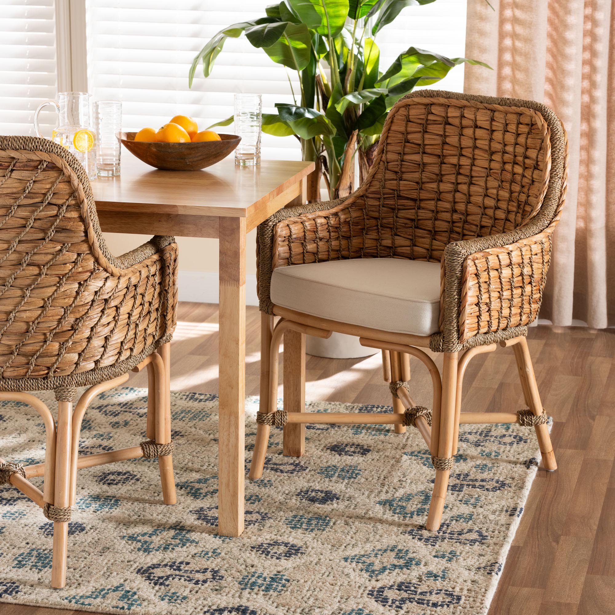 bali & pari Kyle Modern Bohemian Natural Brown Woven Rattan Dining Arm Chair with Cushion
