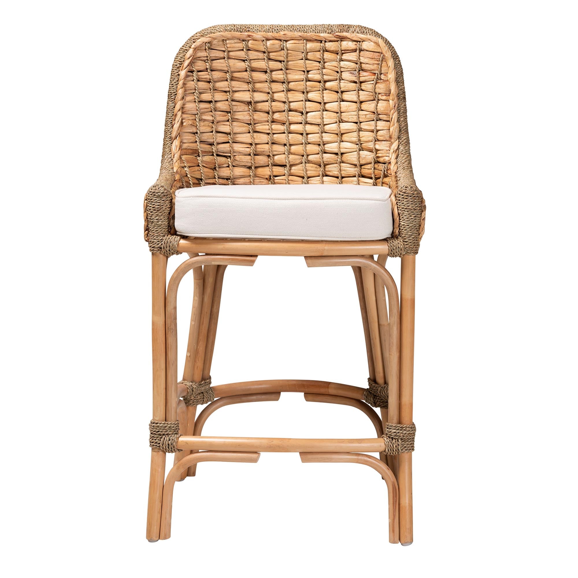 bali & pari Kyle Modern Bohemian Natural Brown Woven Rattan Counter Stool with Cushion