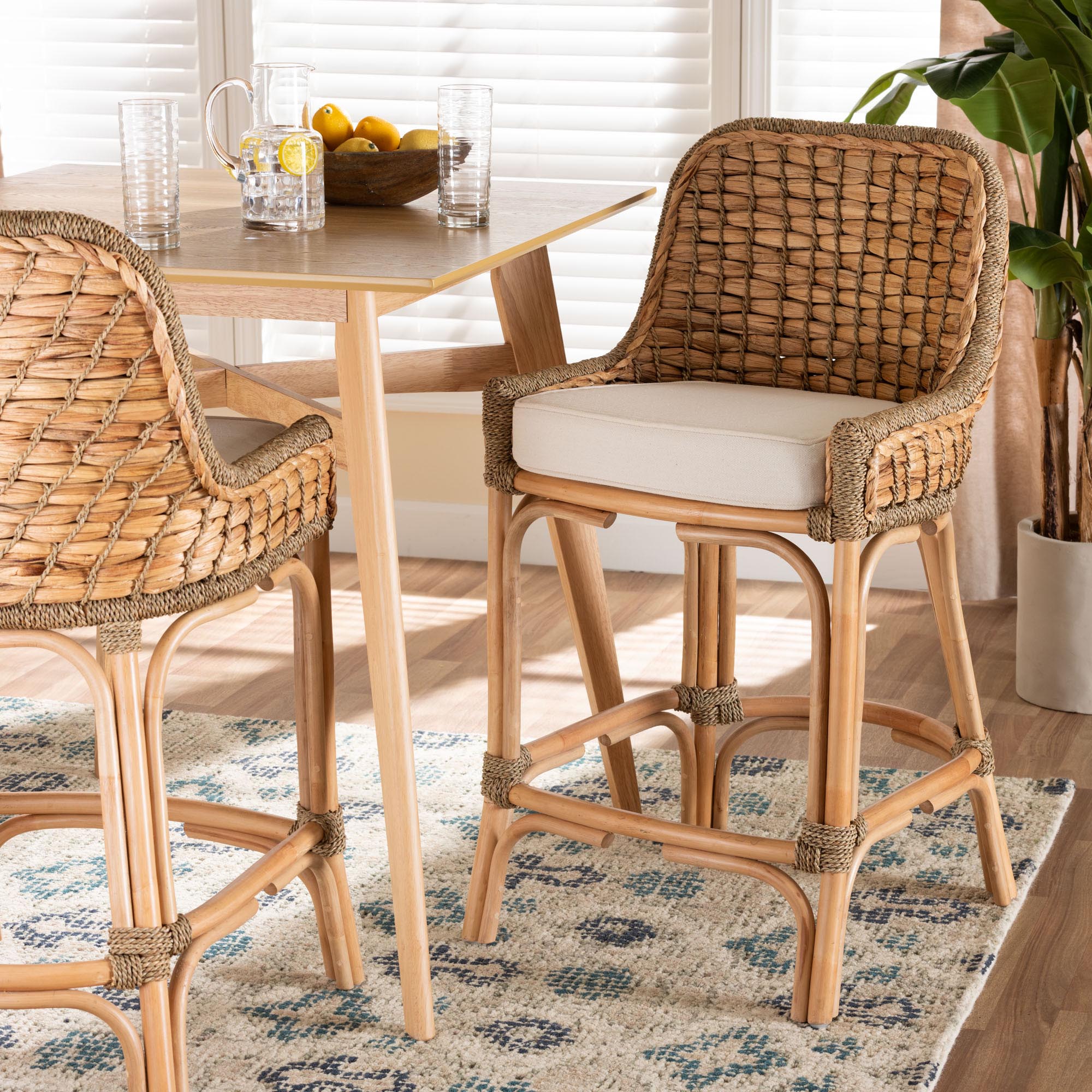 bali & pari Kyle Modern Bohemian Natural Brown Woven Rattan Counter Stool with Cushion
