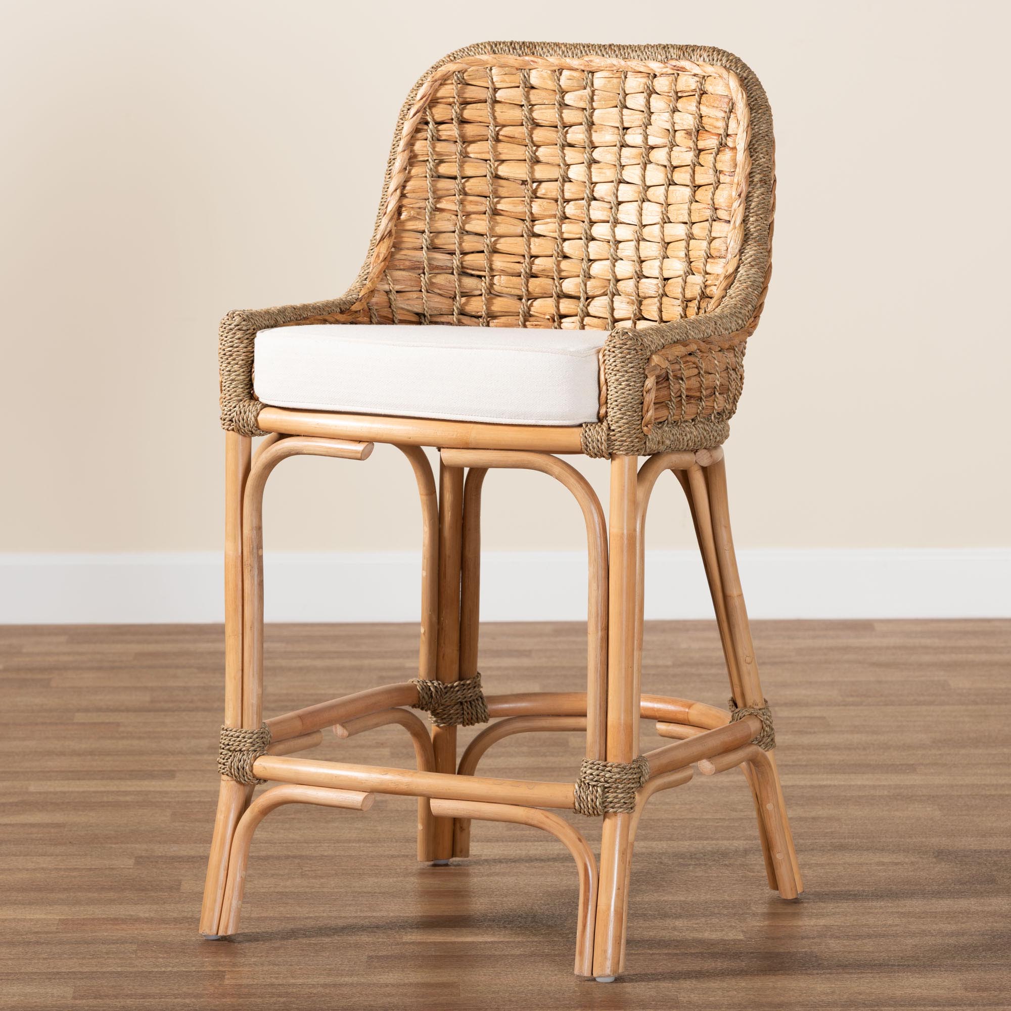 bali & pari Kyle Modern Bohemian Natural Brown Woven Rattan Counter Stool with Cushion