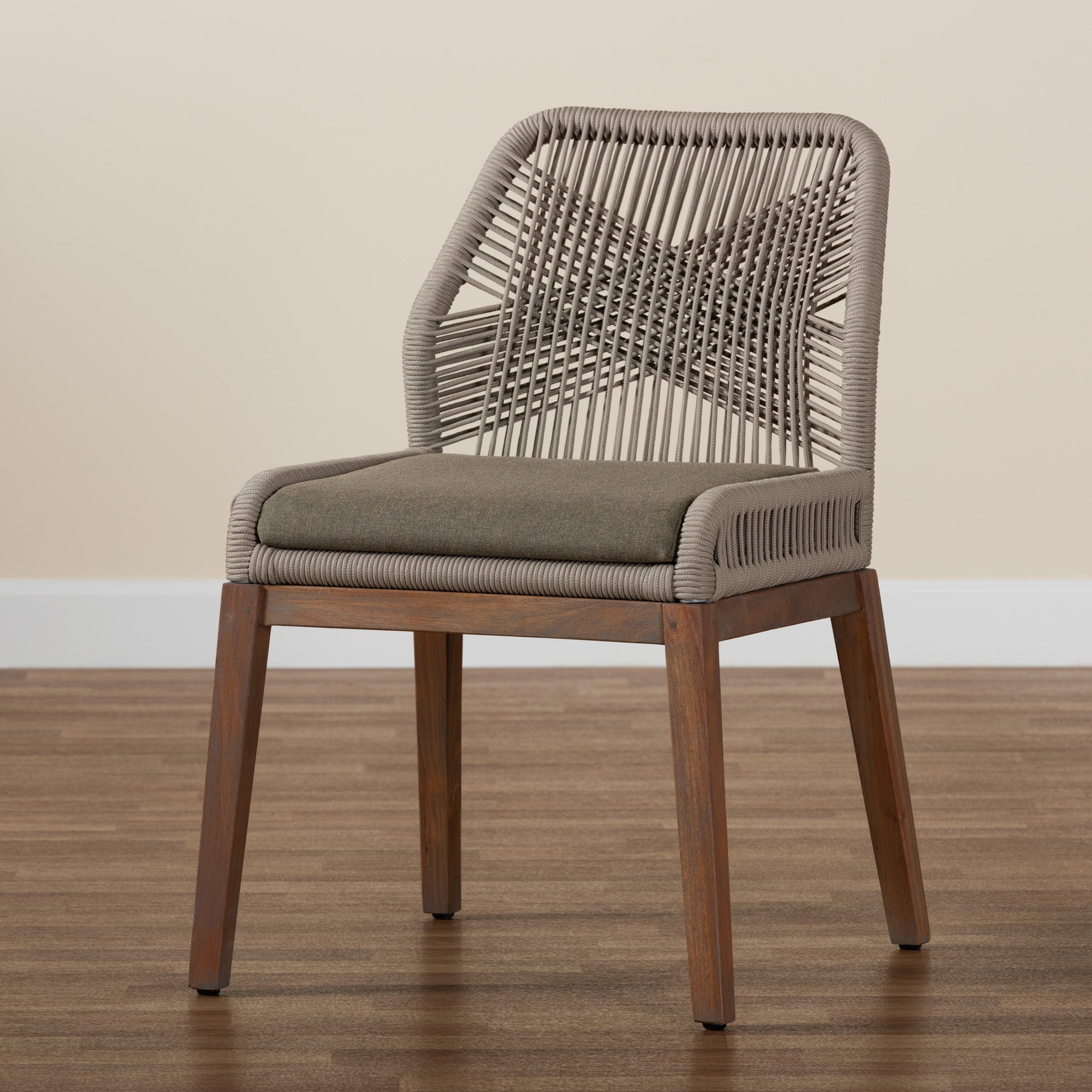 bali & pari Jennifer Mid-Century Transitional Grey Woven Rope Mahogany Dining Side Chair