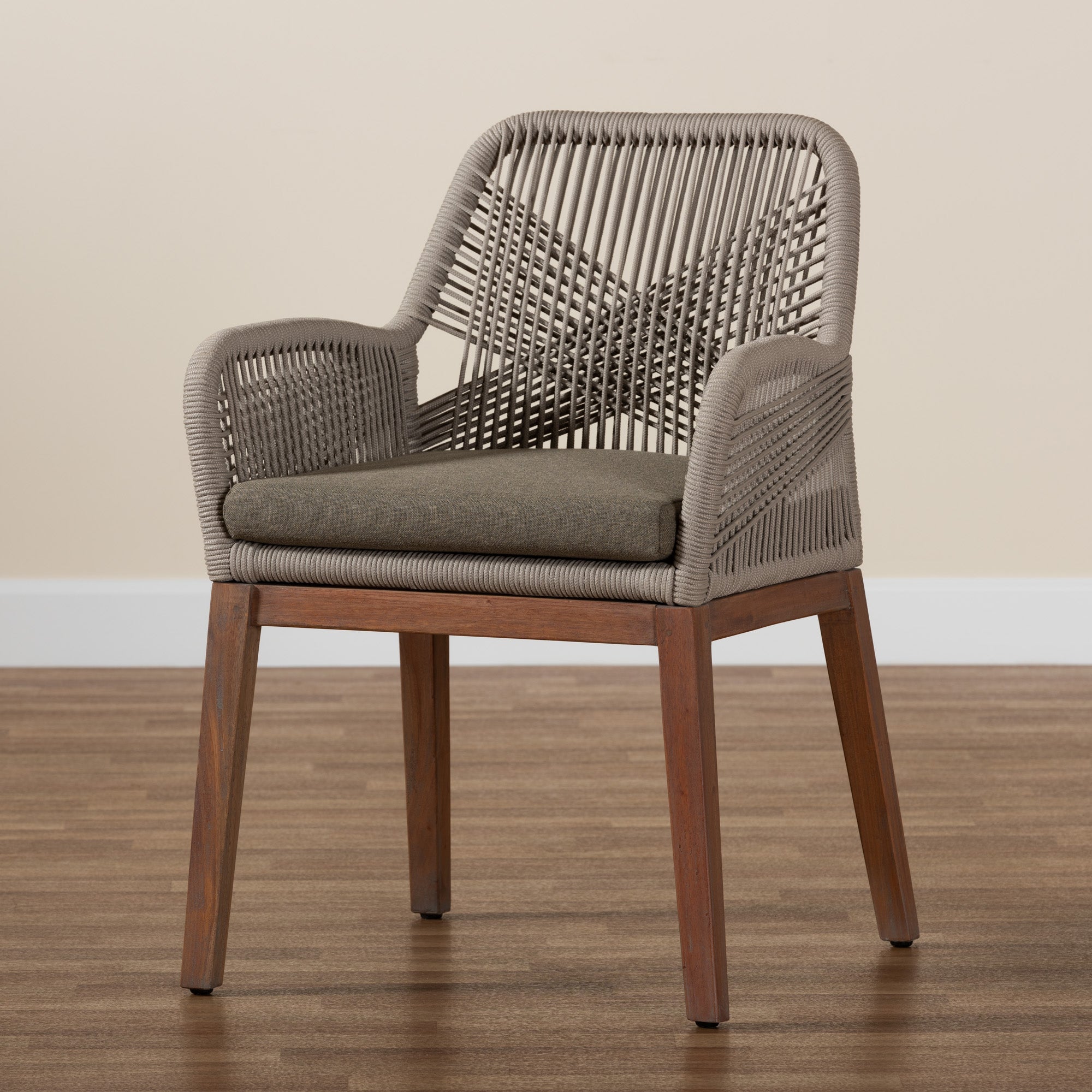 bali & pari Jennifer Mid-Century Transitional Grey Woven Rope Mahogany Dining Arm Chair