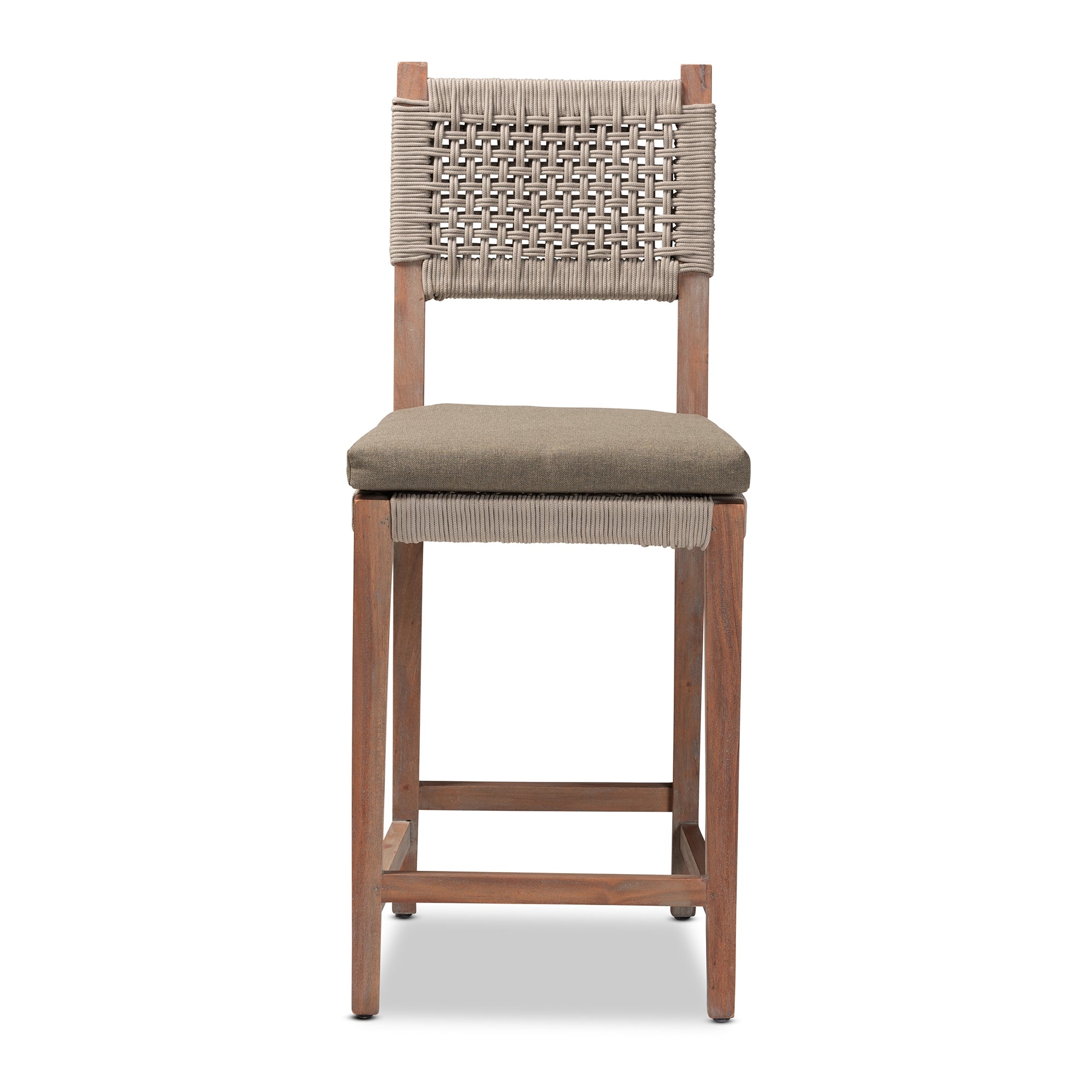 bali & pari Heyna Mid-Century Transitional Grey Woven Rope Mahogany Counter Stool