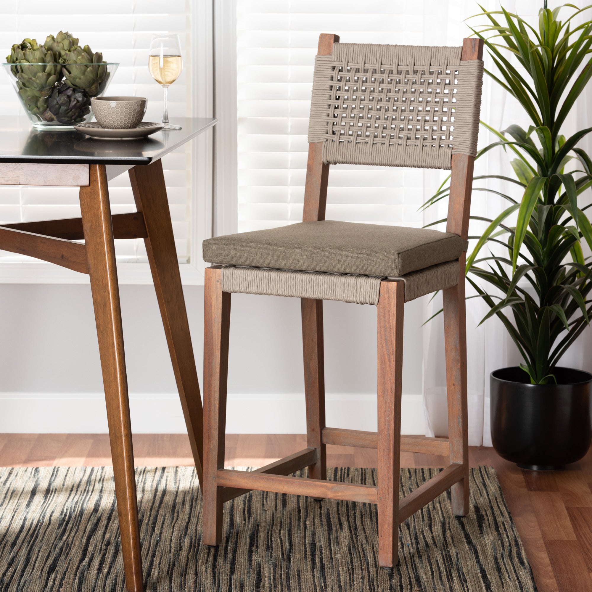 bali & pari Heyna Mid-Century Transitional Grey Woven Rope Mahogany Counter Stool
