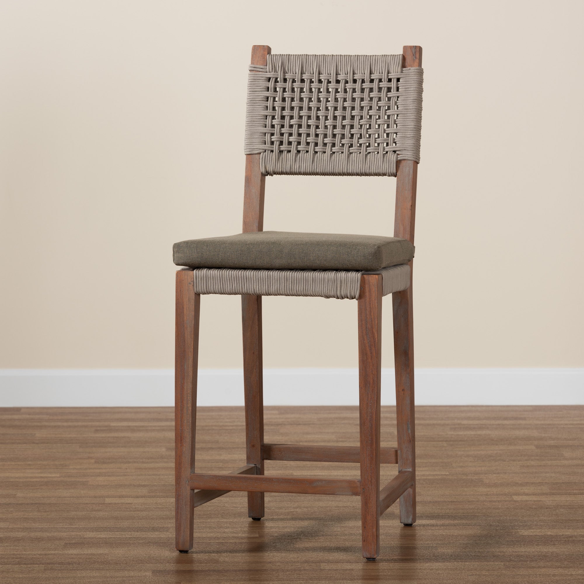 bali & pari Heyna Mid-Century Transitional Grey Woven Rope Mahogany Counter Stool