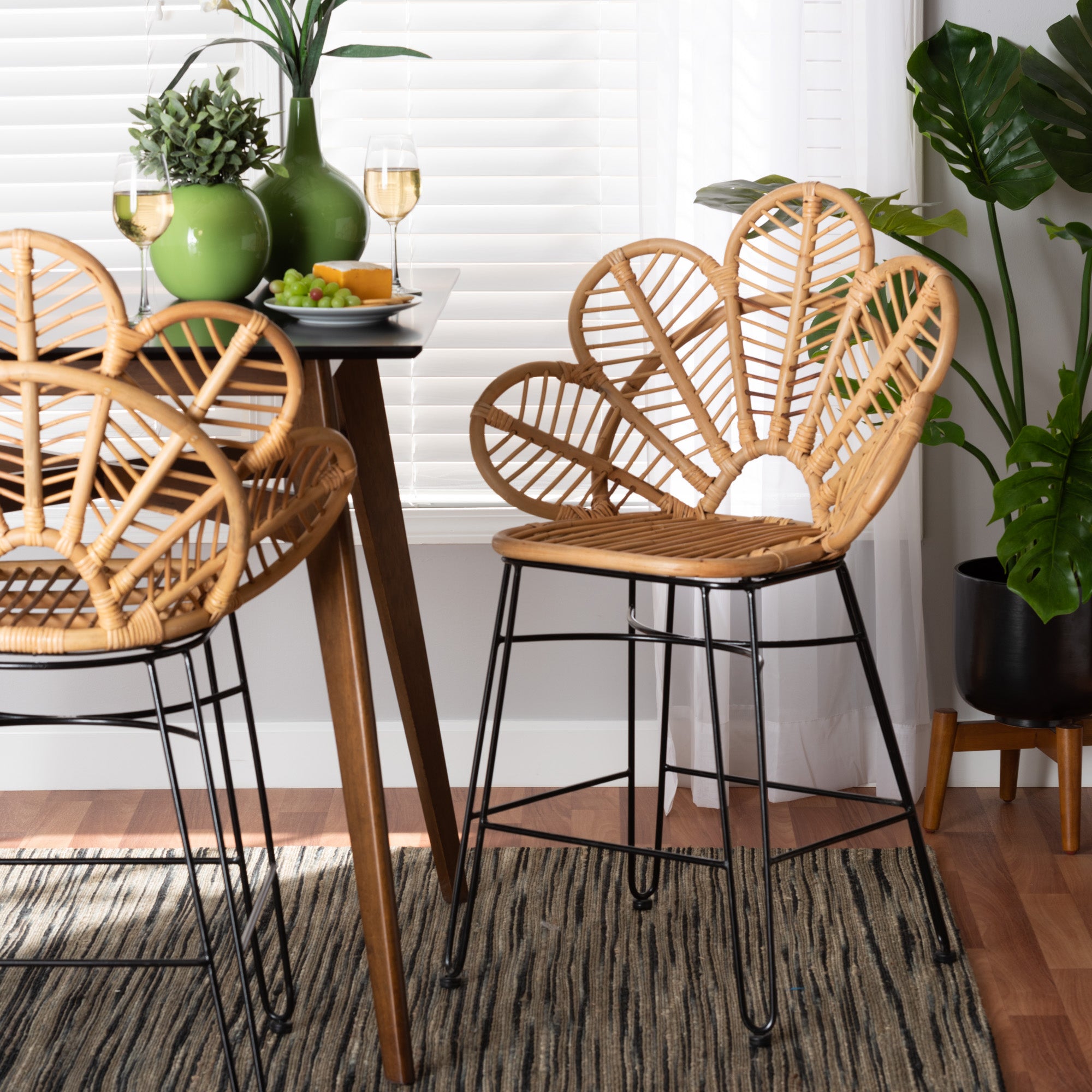 bali & pari Garan Modern Bohemian Natural Brown Rattan and Black Metal Counter Stool