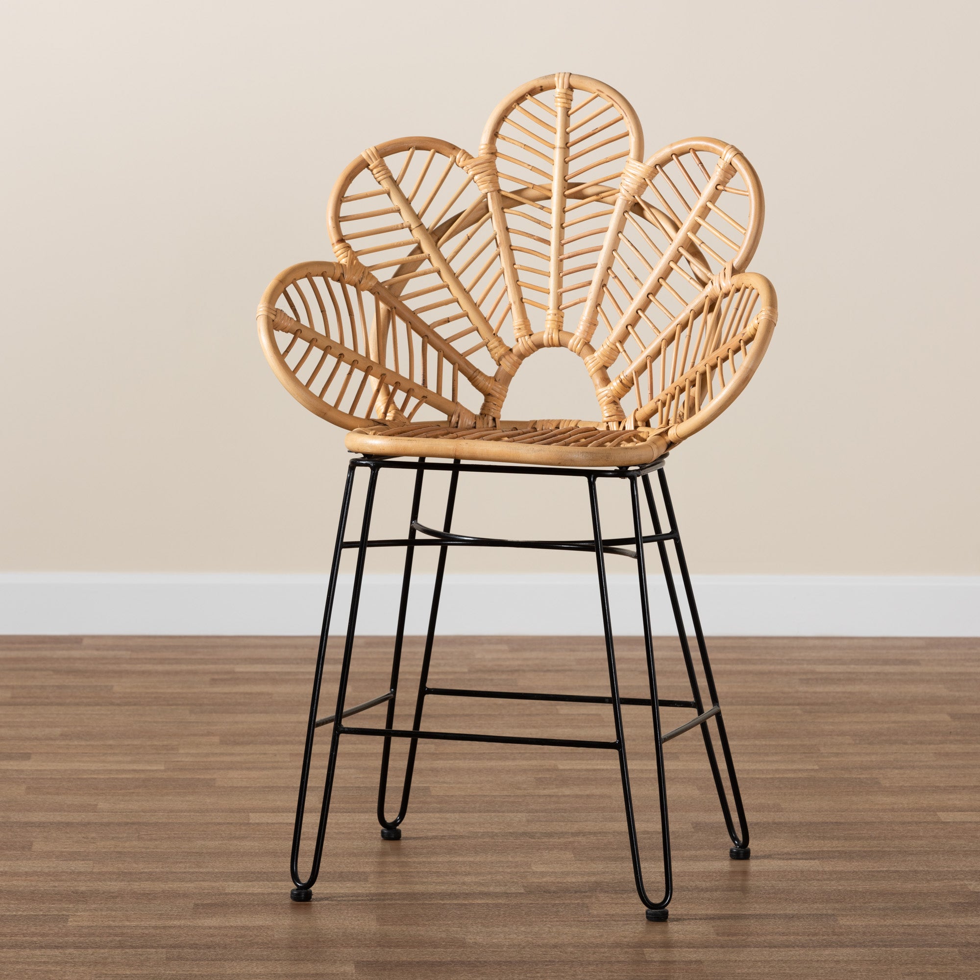 bali & pari Garan Modern Bohemian Natural Brown Rattan and Black Metal Counter Stool