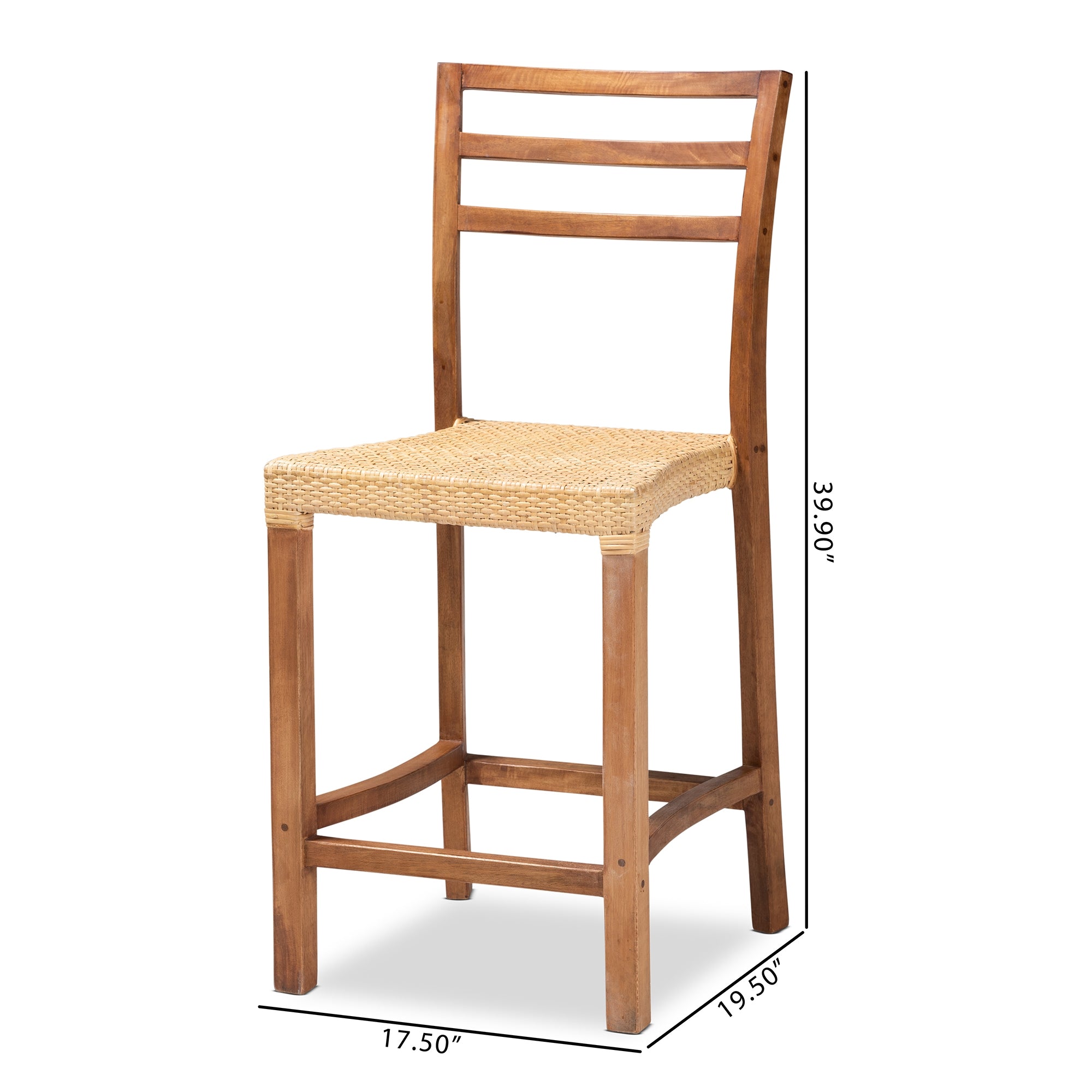 bali & pari Arthur Mid-Century Modern Walnut Brown Mahogany Wood and Natural Rattan Counter Stool