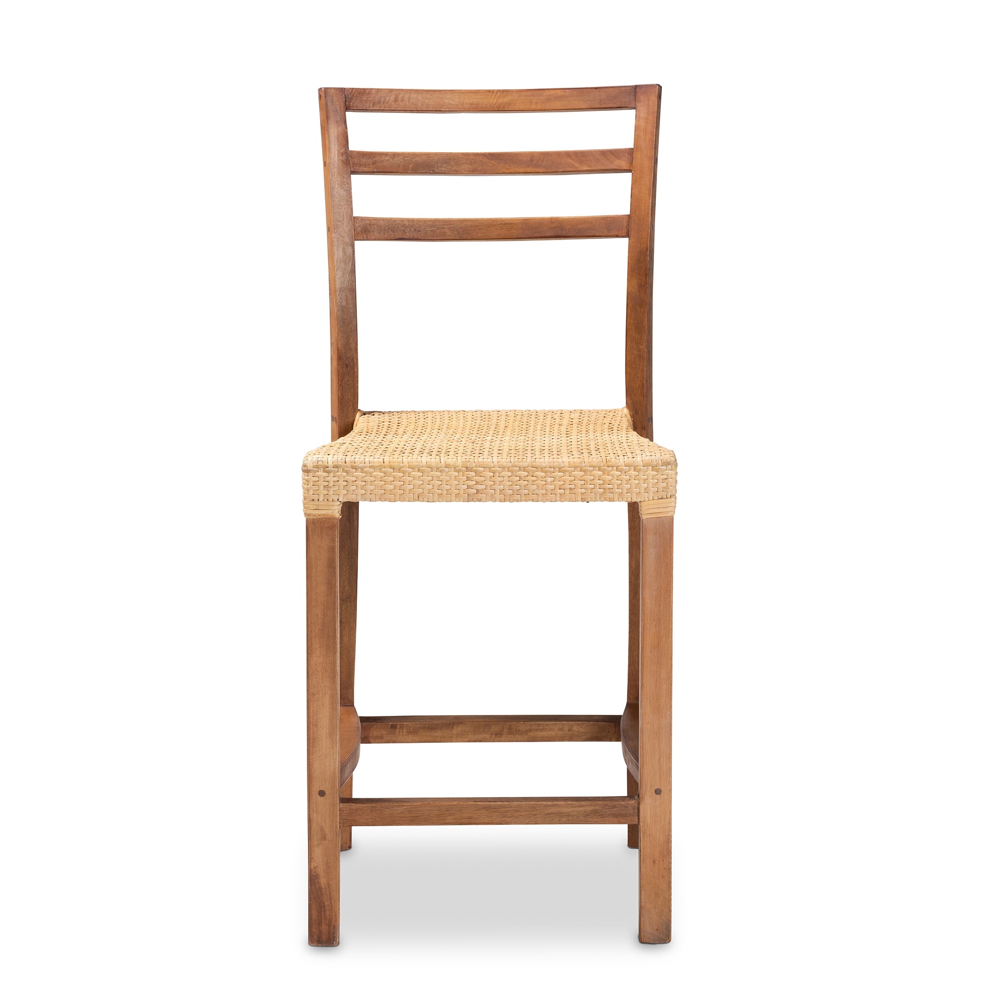 bali & pari Arthur Mid-Century Modern Walnut Brown Mahogany Wood and Natural Rattan Counter Stool