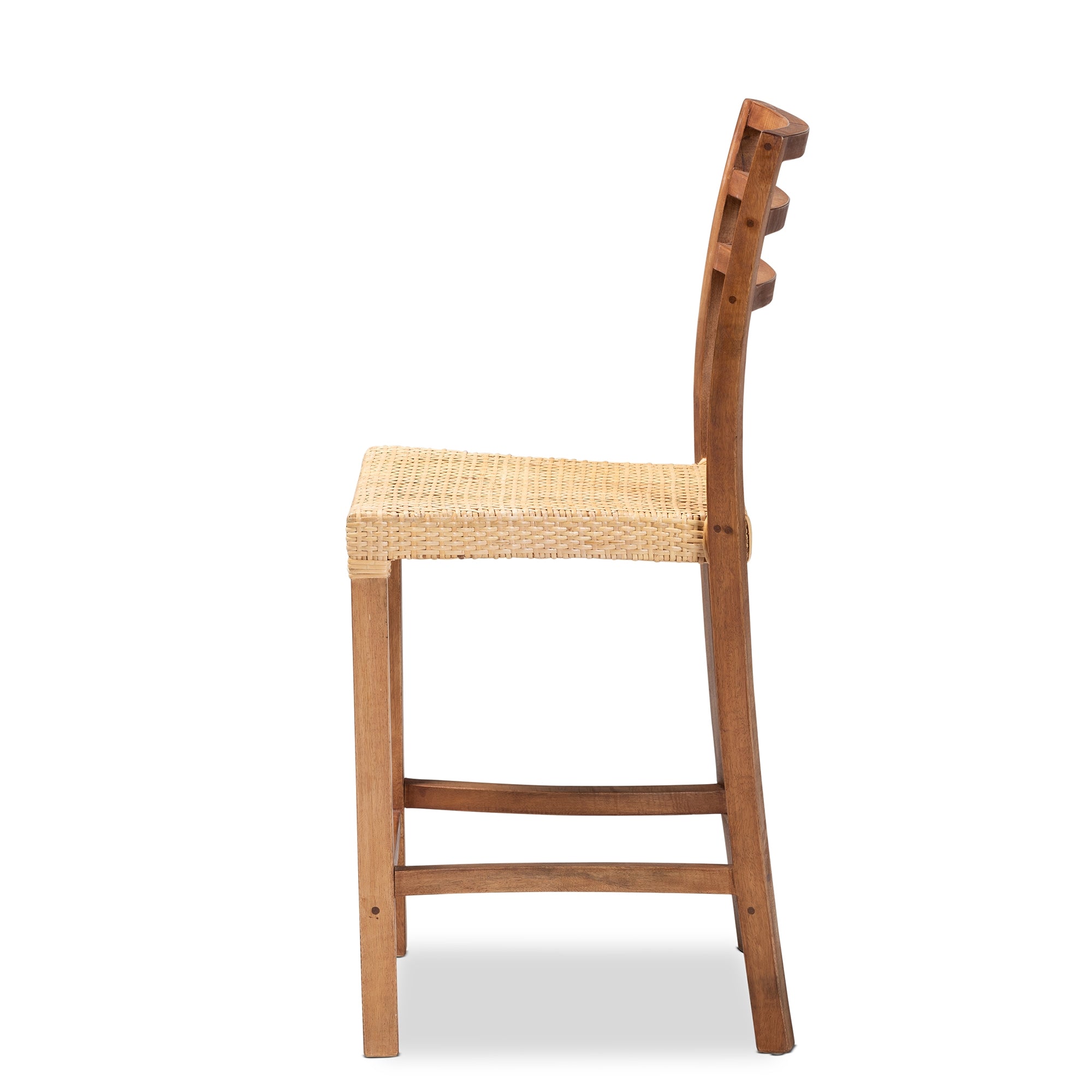 bali & pari Arthur Mid-Century Modern Walnut Brown Mahogany Wood and Natural Rattan Counter Stool