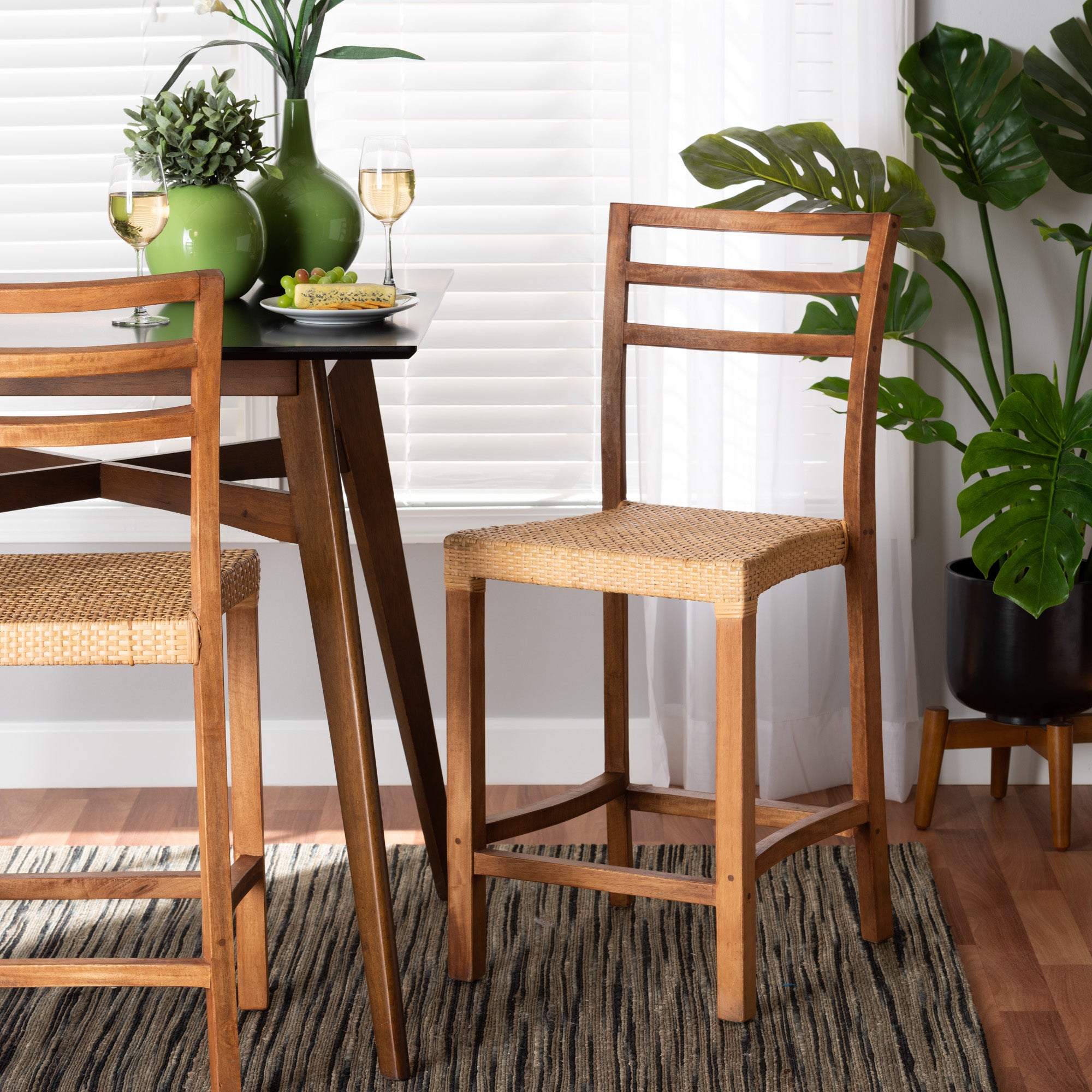 bali & pari Arthur Mid-Century Modern Walnut Brown Mahogany Wood and Natural Rattan Counter Stool