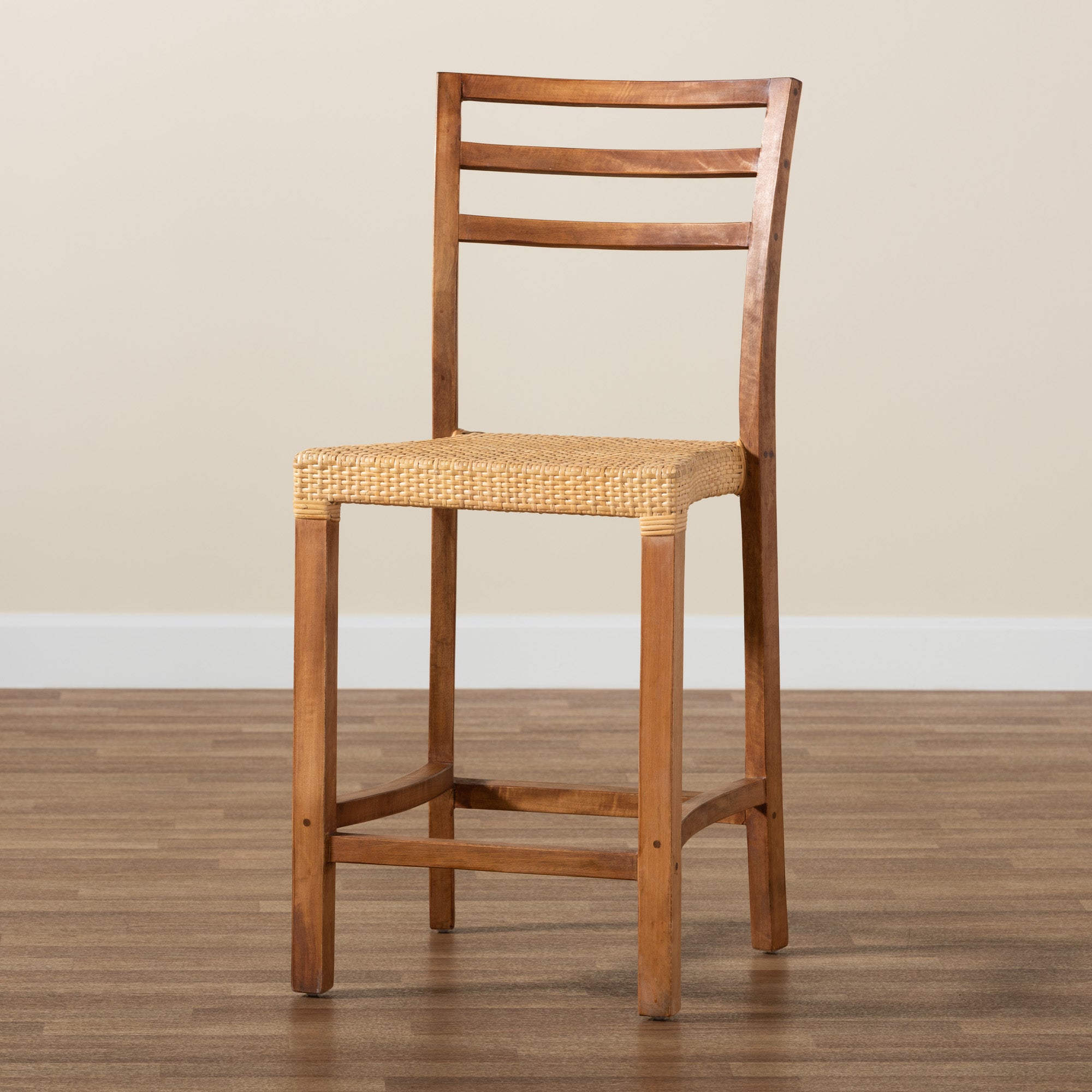 bali & pari Arthur Mid-Century Modern Walnut Brown Mahogany Wood and Natural Rattan Counter Stool