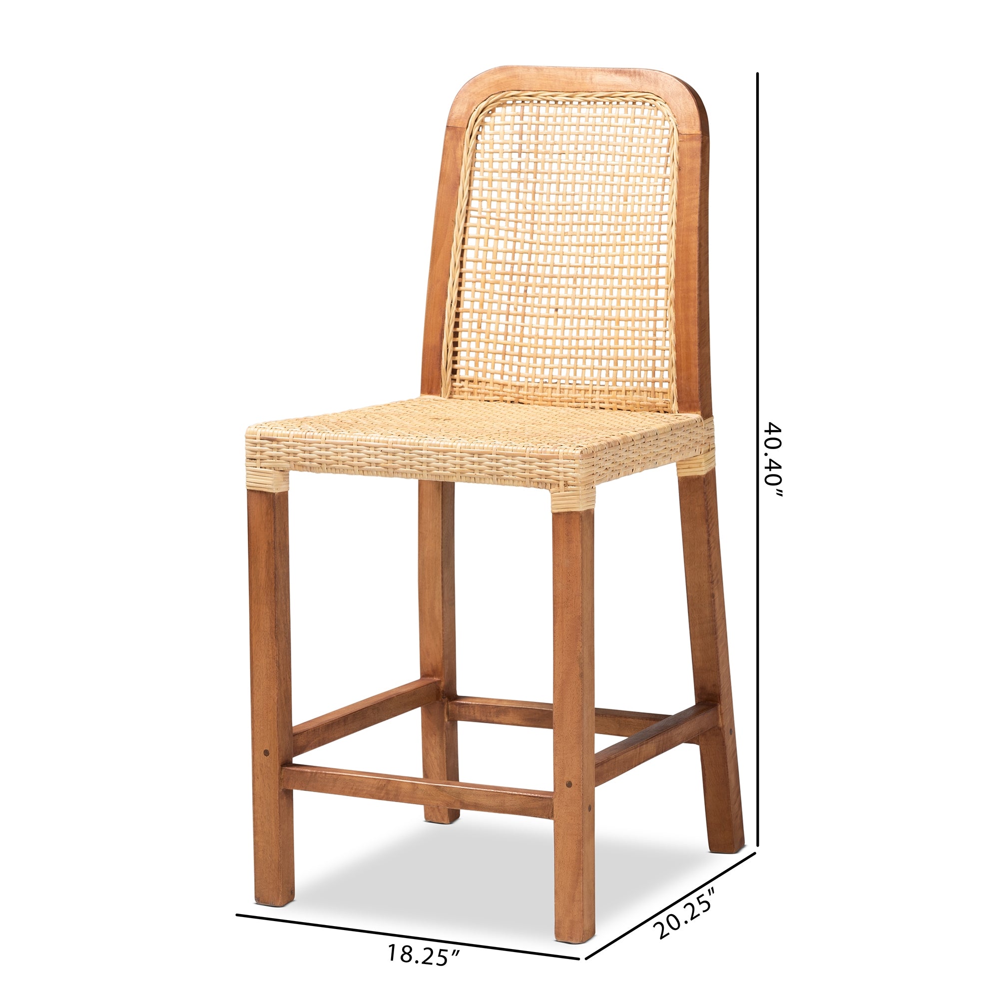 bali & pari Caspia Mid-Century Modern Walnut Brown Mahogany Wood and Natural Rattan Counter Stool