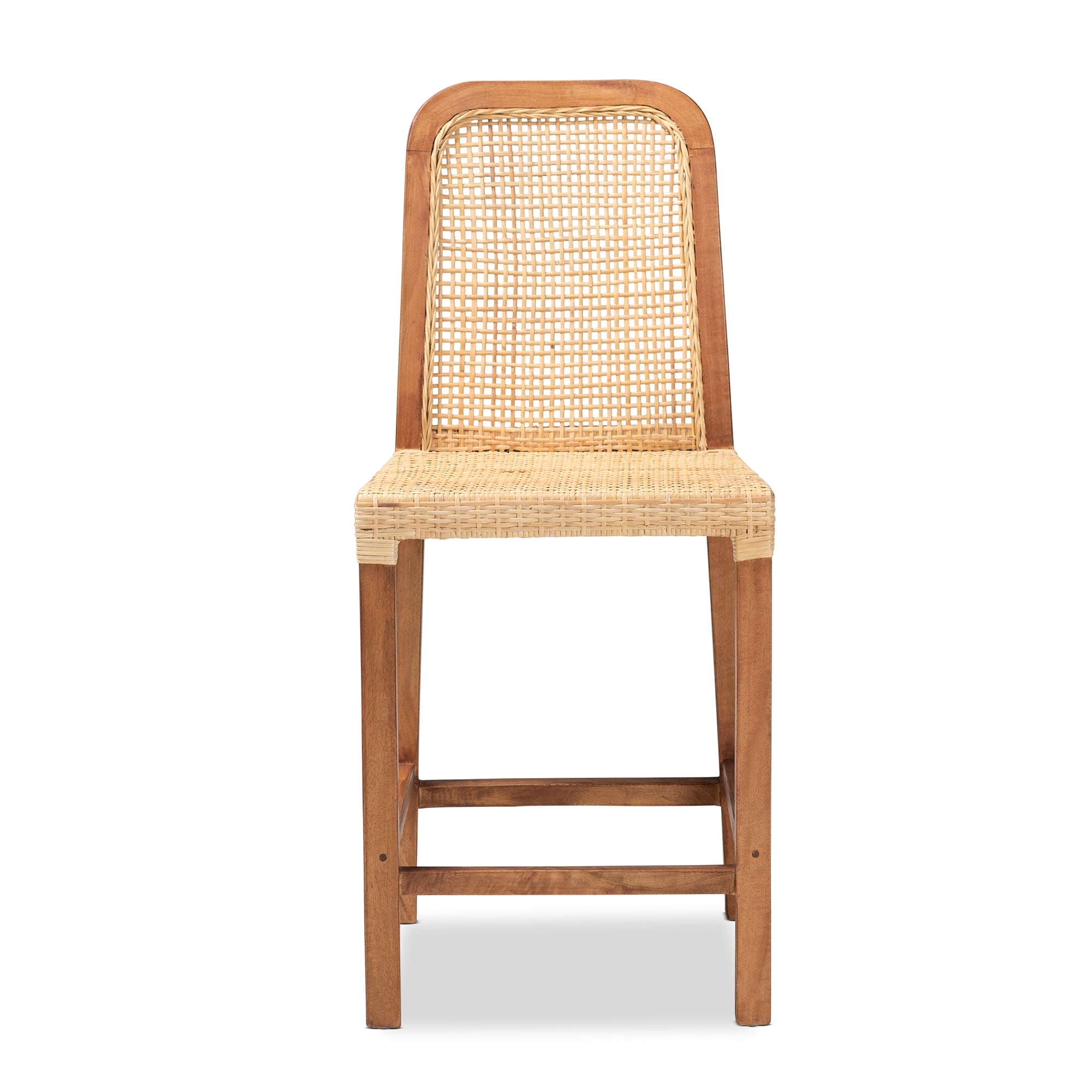 bali & pari Caspia Mid-Century Modern Walnut Brown Mahogany Wood and Natural Rattan Counter Stool