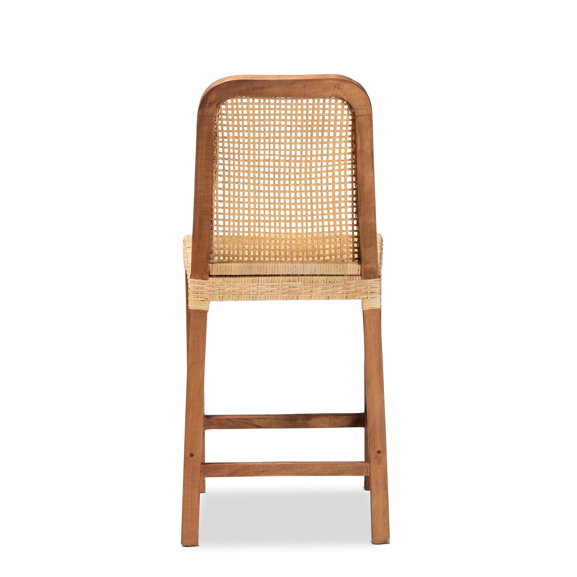 bali & pari Caspia Mid-Century Modern Walnut Brown Mahogany Wood and Natural Rattan Counter Stool