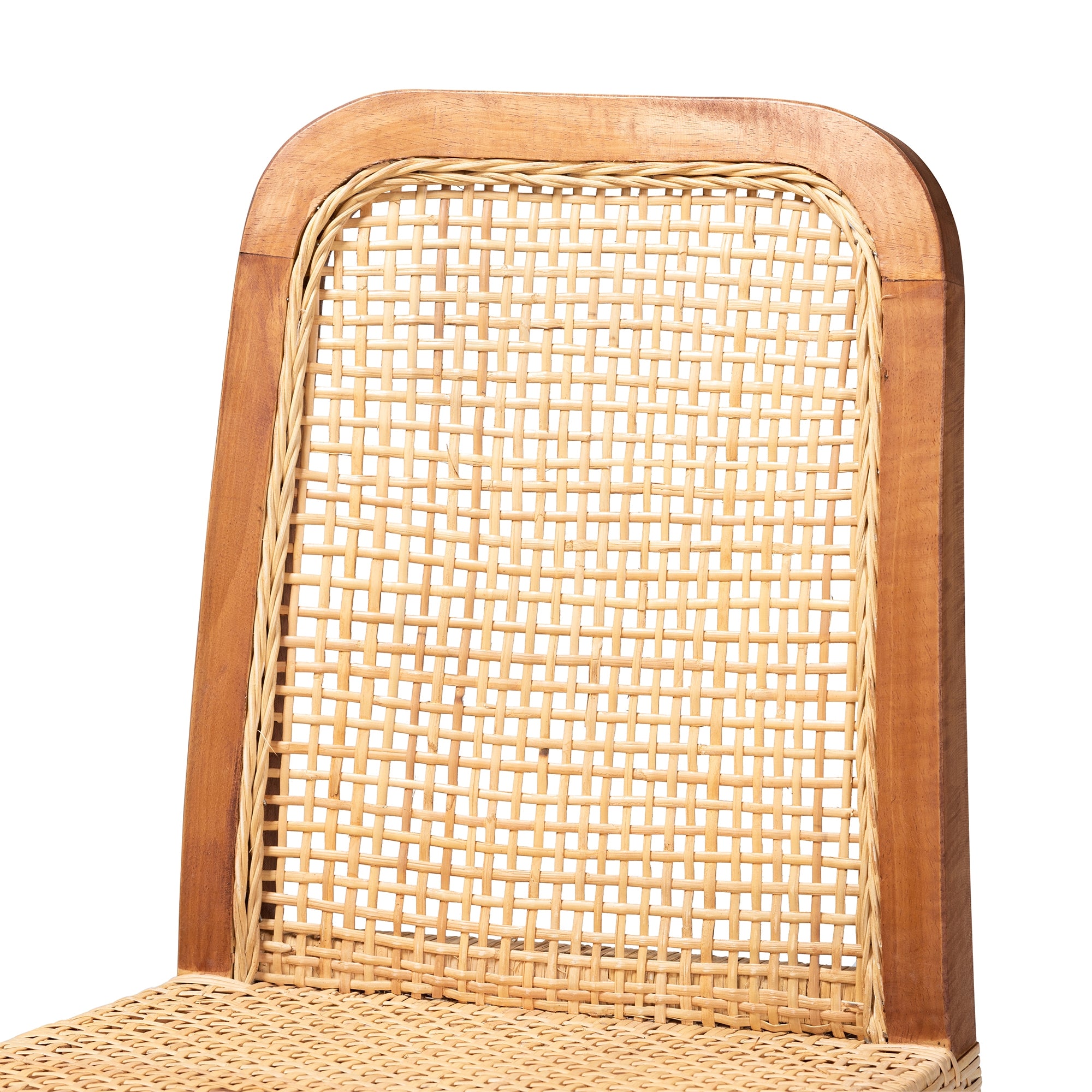 bali & pari Caspia Mid-Century Modern Walnut Brown Mahogany Wood and Natural Rattan Counter Stool