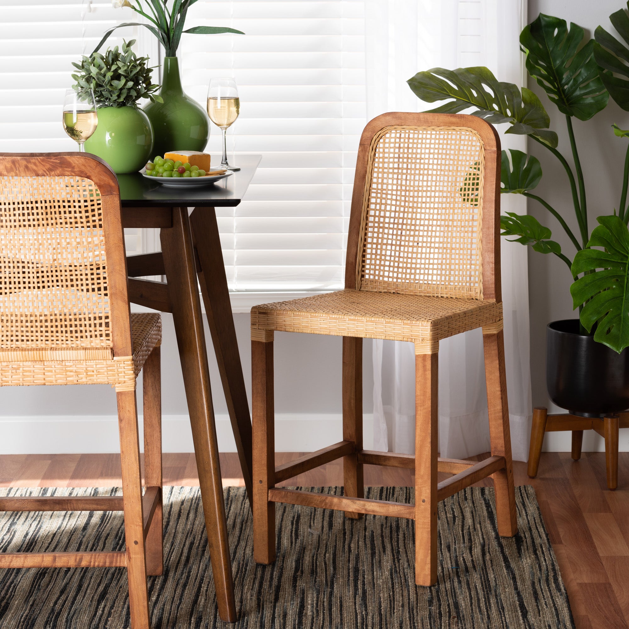 bali & pari Caspia Mid-Century Modern Walnut Brown Mahogany Wood and Natural Rattan Counter Stool