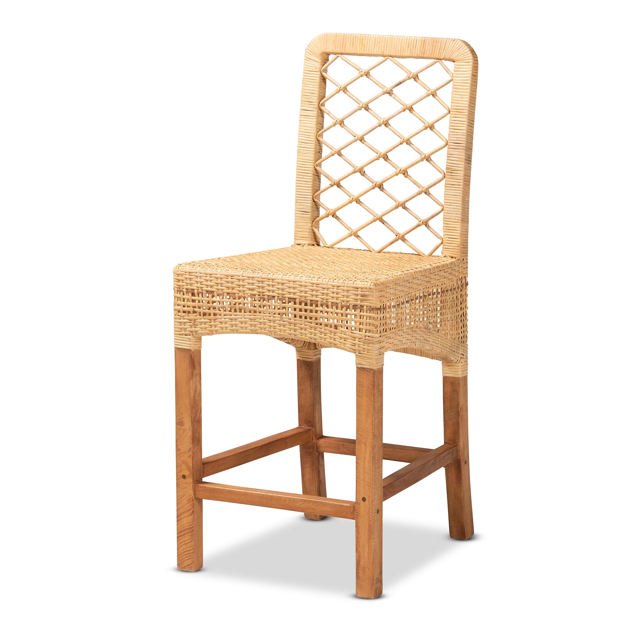 bali & pari Moscow Modern Bohemian Natural Brown Rattan and Walnut Brown Mahogany Wood Counter Stool