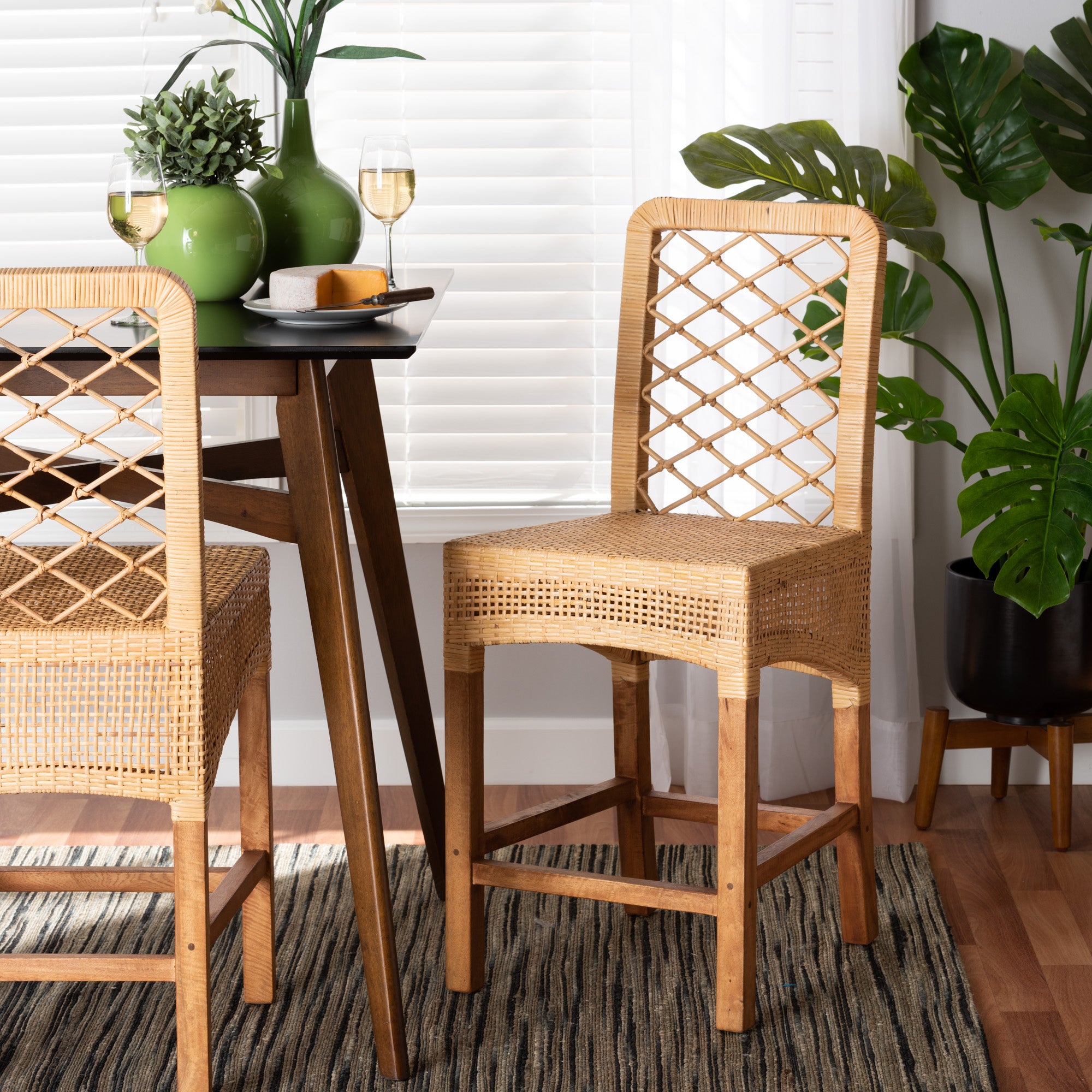 bali & pari Moscow Modern Bohemian Natural Brown Rattan and Walnut Brown Mahogany Wood Counter Stool