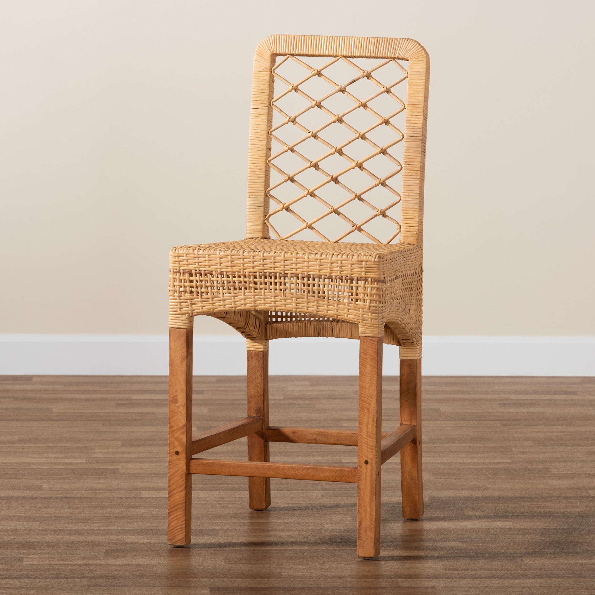bali & pari Moscow Modern Bohemian Natural Brown Rattan and Walnut Brown Mahogany Wood Counter Stool