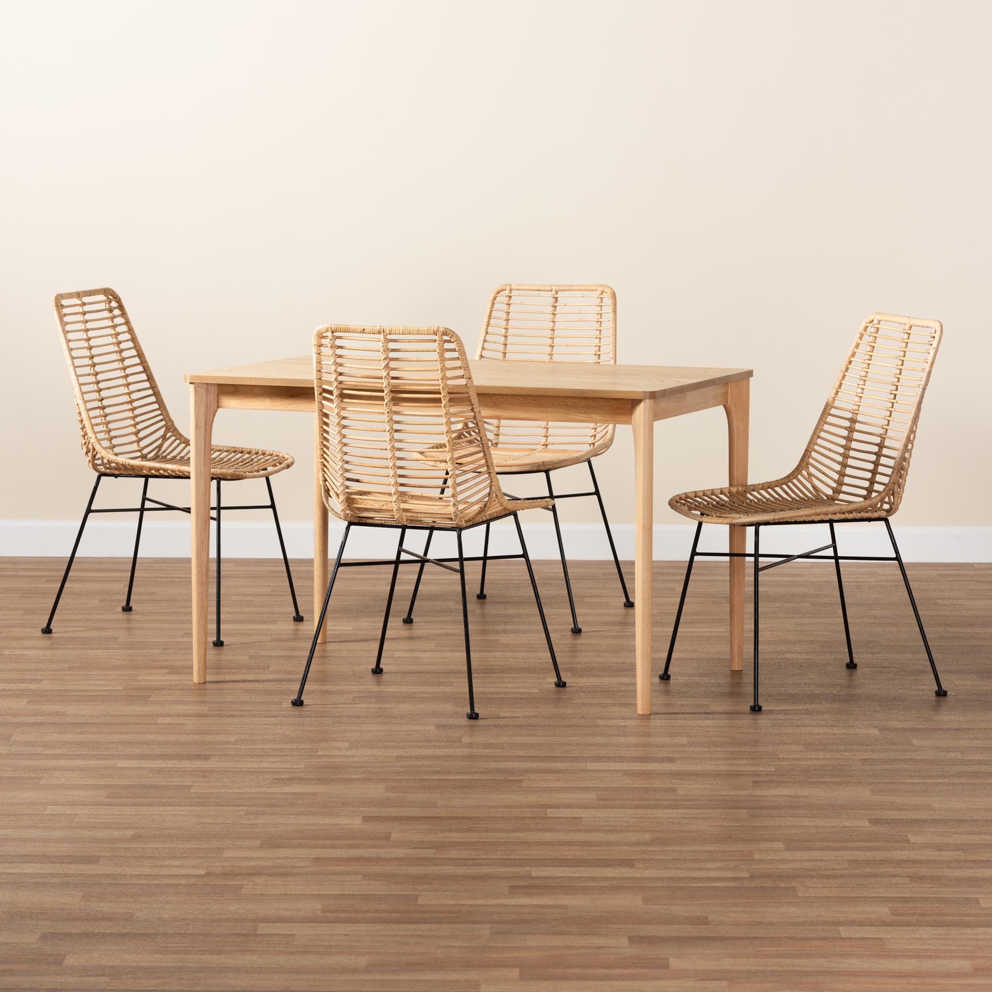 Baxton Studio Manhattan Modern Bohemian Rattan and Natural Oak Finished Wood 5-Piece Dining Set