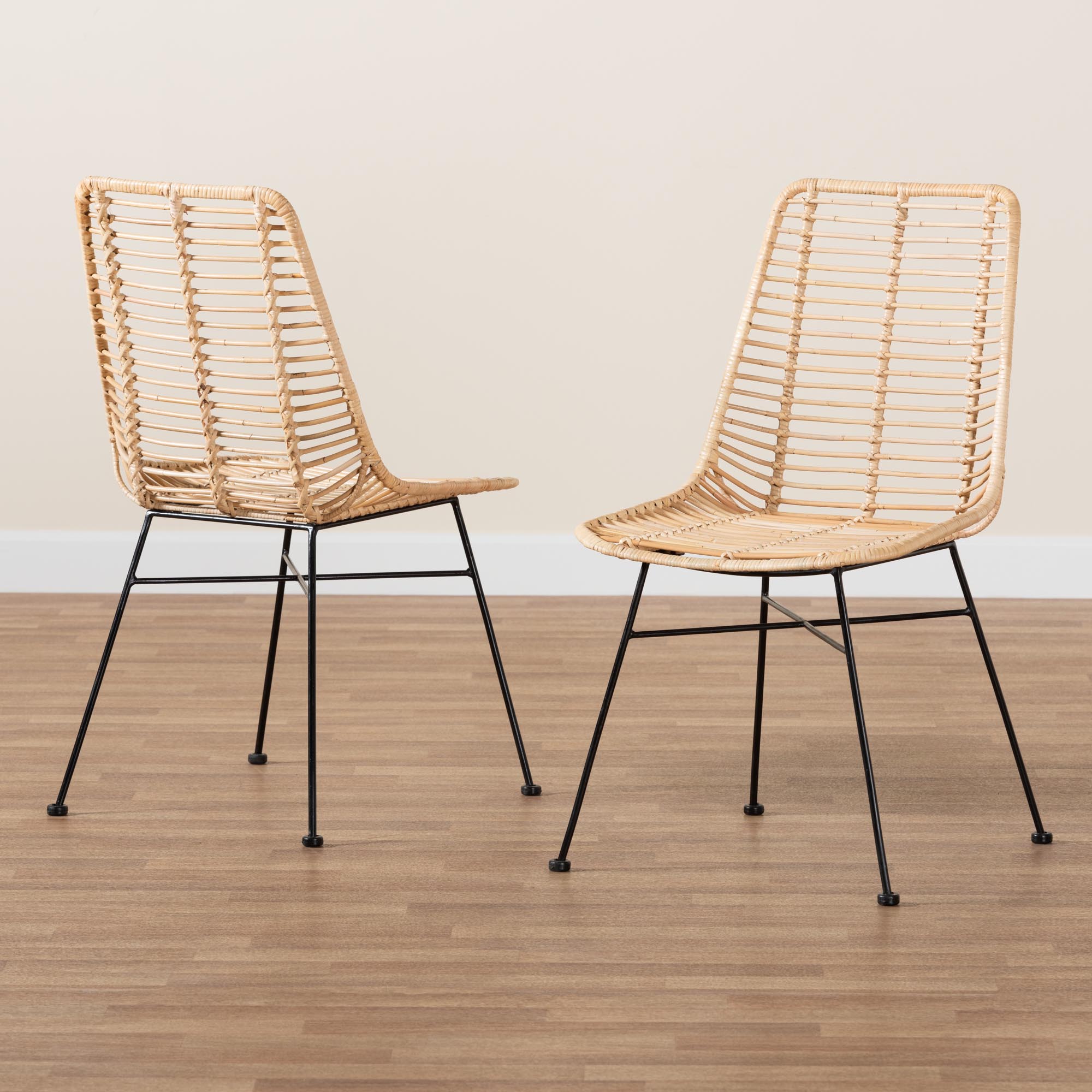 bali & pari Manhattan Modern Bohemian Natural Brown Rattan and Black Metal 2-Piece Dining Chair Set