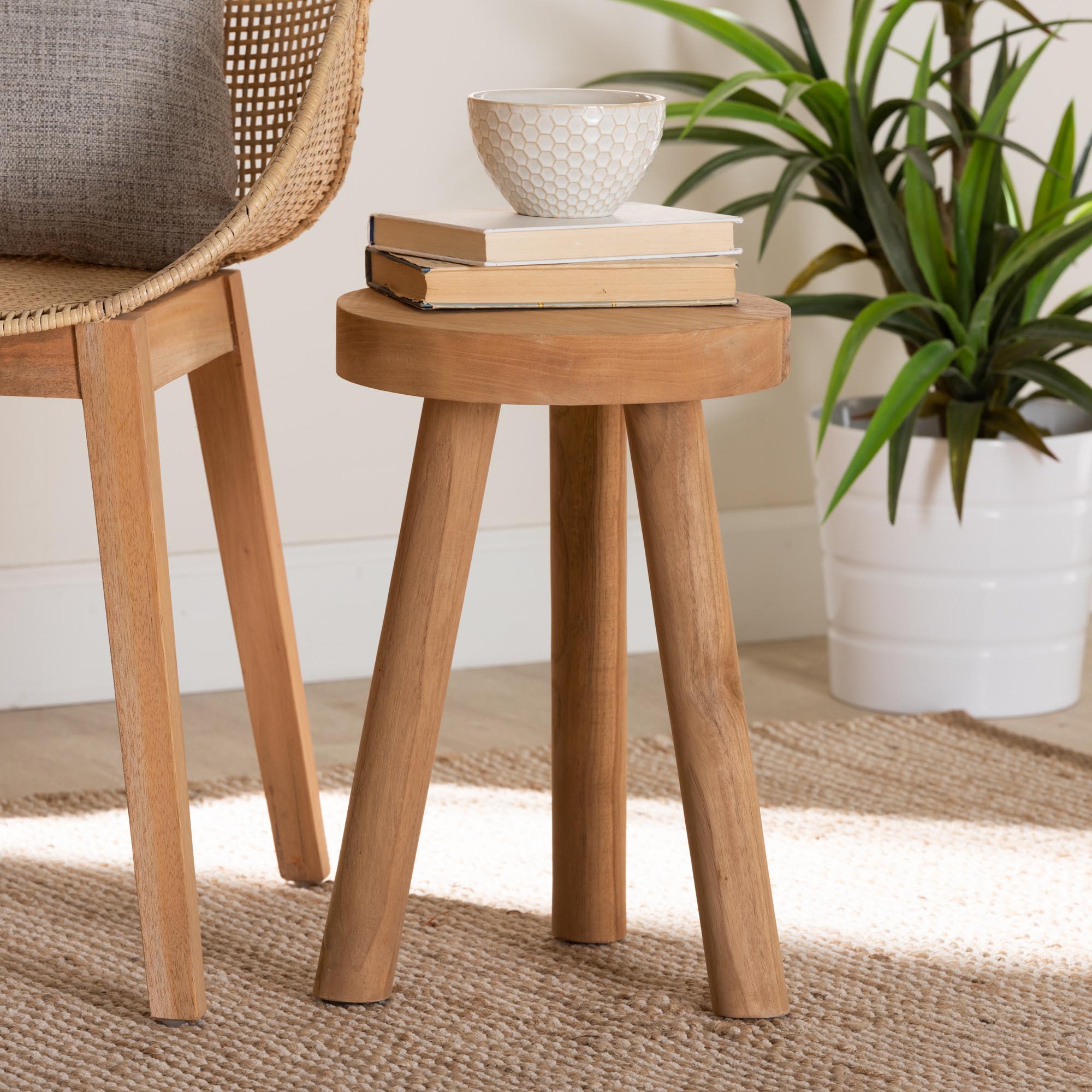 bali & pari Terah Mid-Century Modern Natural Brown Teak Wood Ottoman Footstool