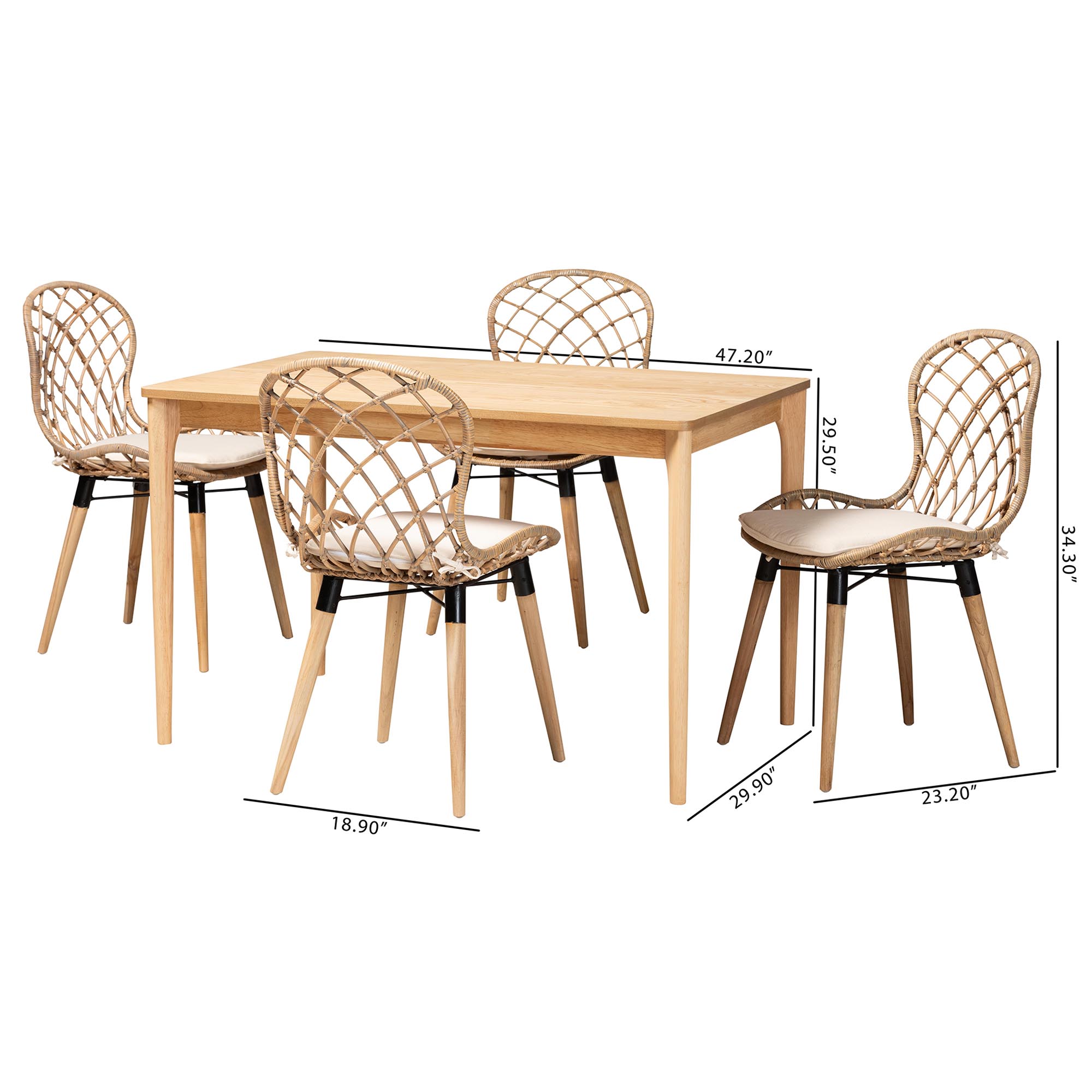 Baxton Studio Sabelle Modern Bohemian Greywashed Rattan and Natural Brown Finished Wood 5-Piece Dining Set