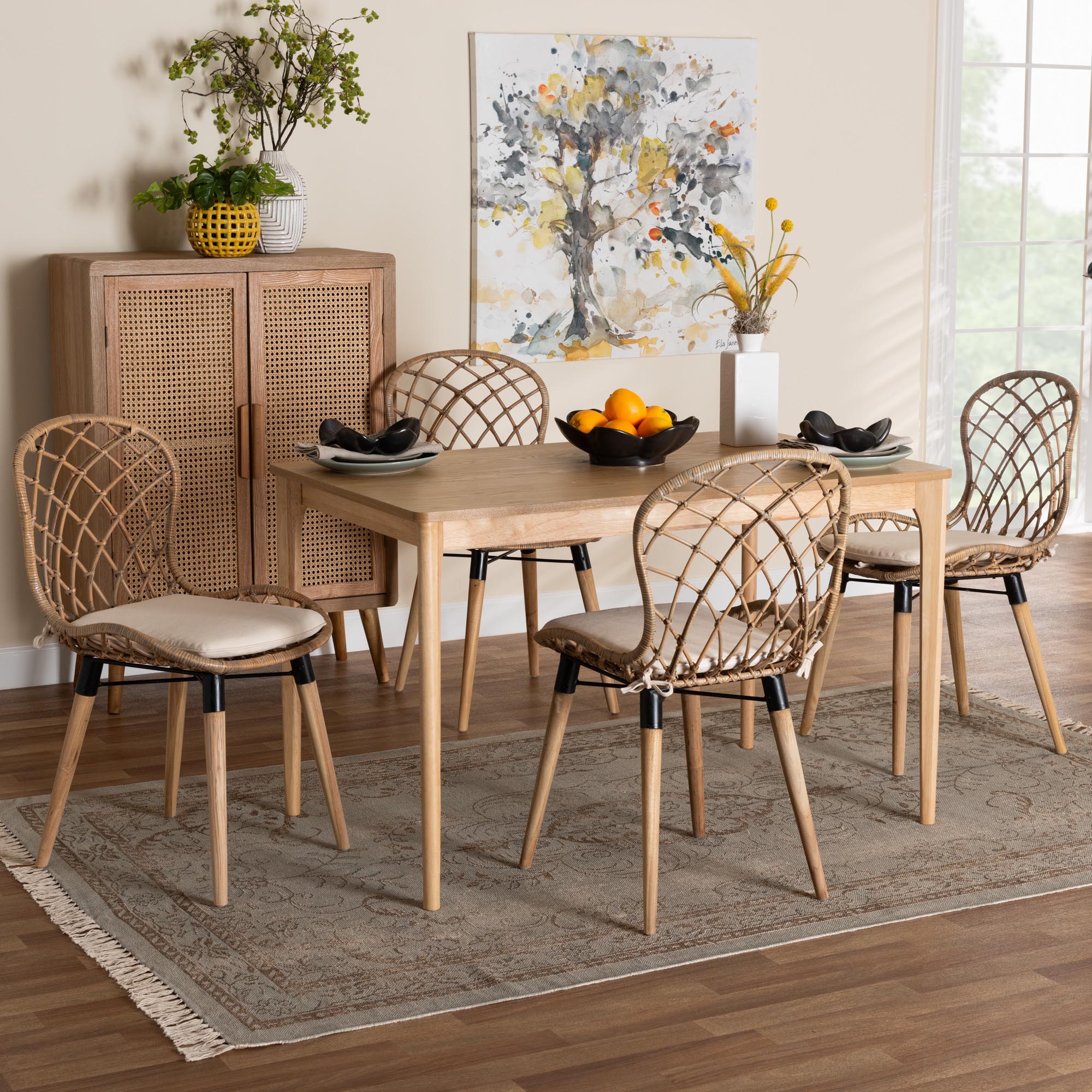 Baxton Studio Sabelle Modern Bohemian Greywashed Rattan and Natural Brown Finished Wood 5-Piece Dining Set