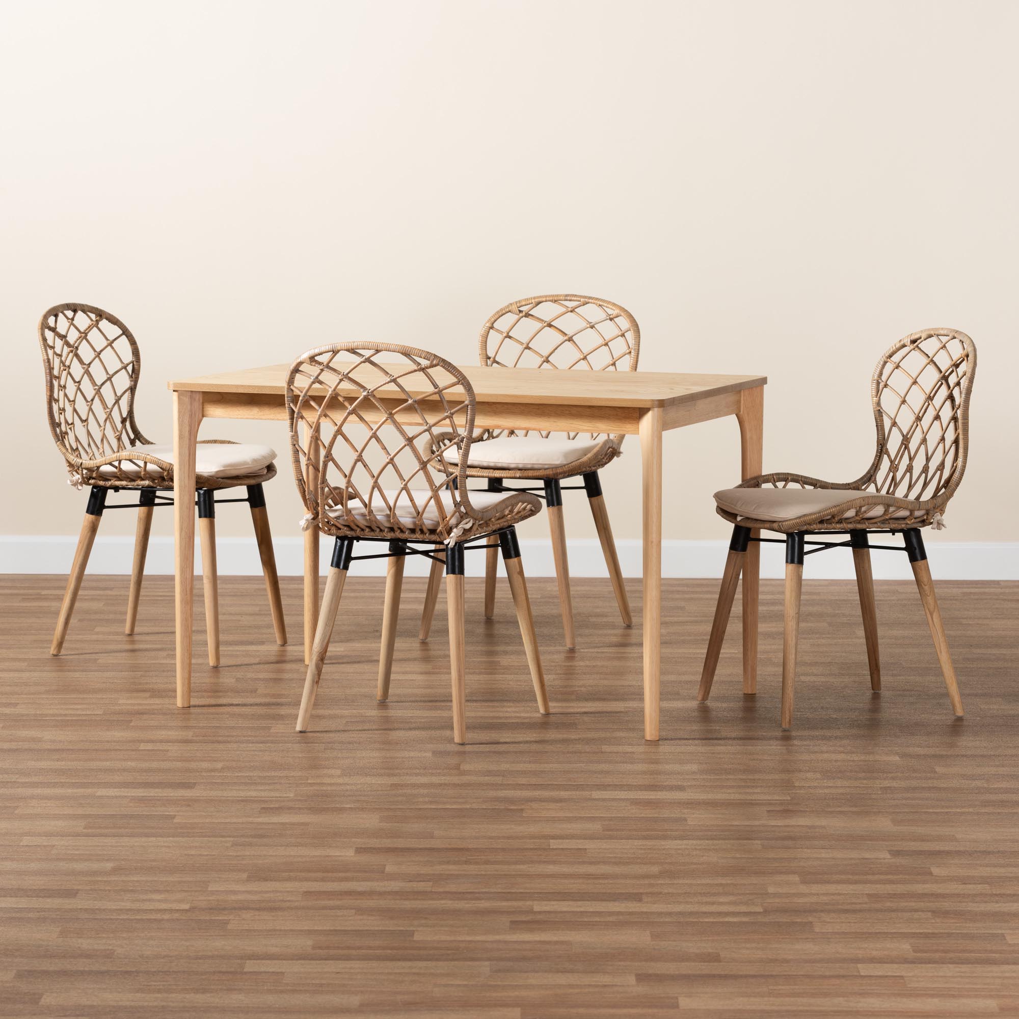 Baxton Studio Sabelle Modern Bohemian Greywashed Rattan and Natural Brown Finished Wood 5-Piece Dining Set