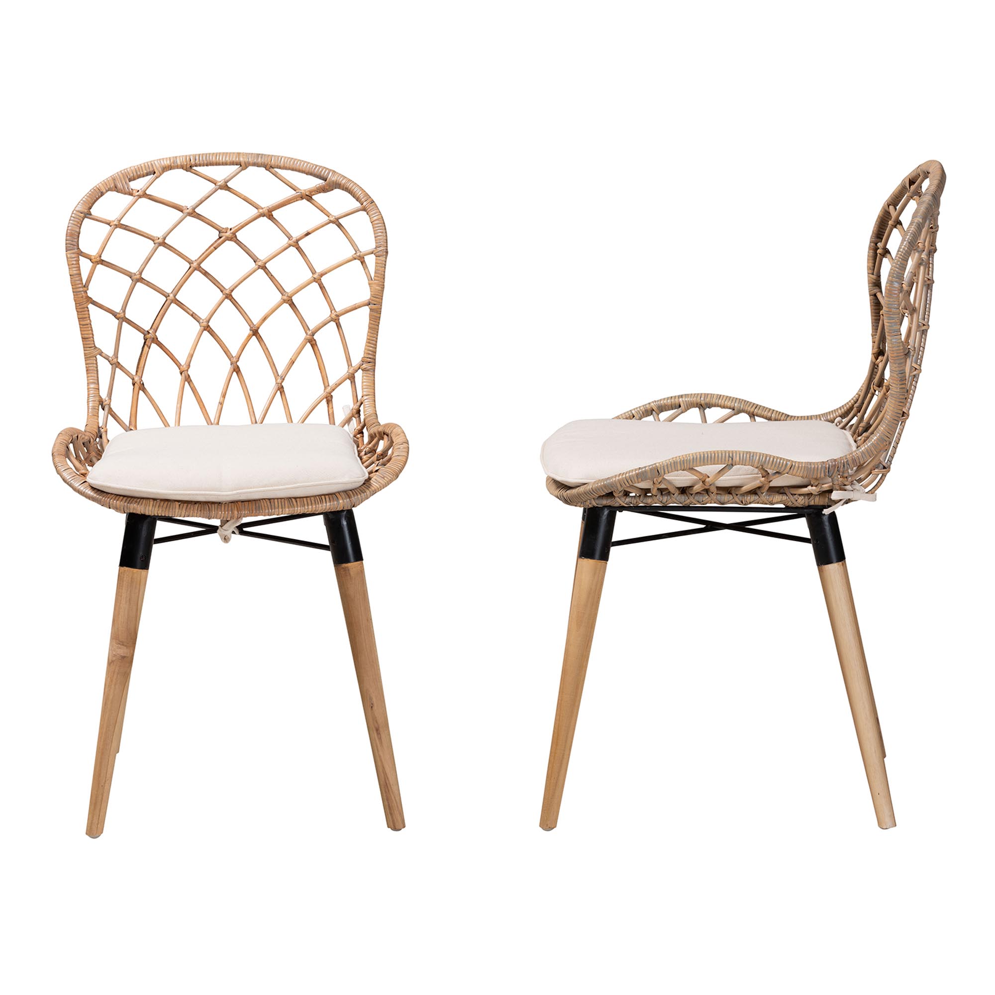 bali & pari Sabelle Modern Bohemian Natural Brown Finished Teak Wood and Greywashed Rattan 2-Piece Dining Chair Set