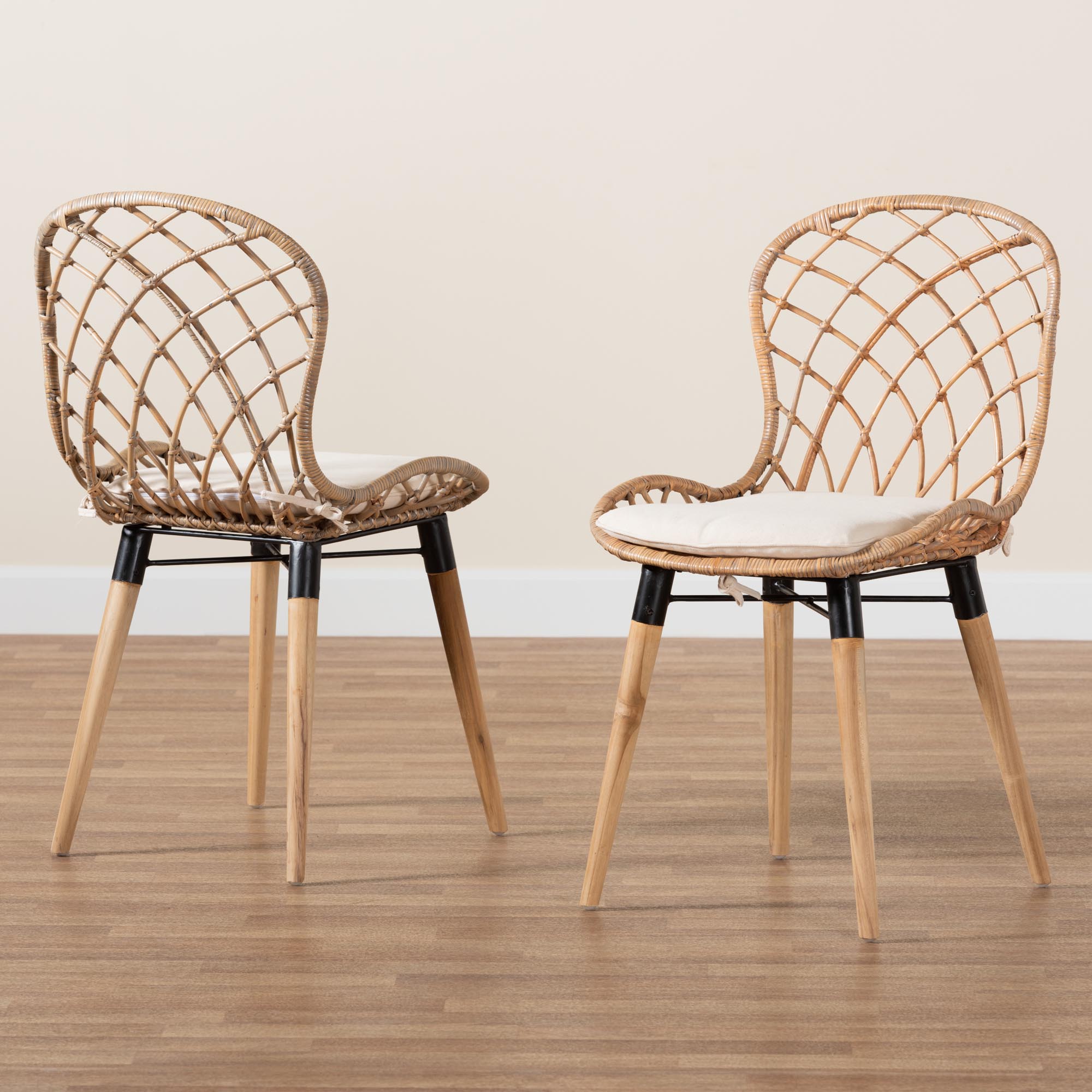 bali & pari Sabelle Modern Bohemian Natural Brown Finished Teak Wood and Greywashed Rattan 2-Piece Dining Chair Set