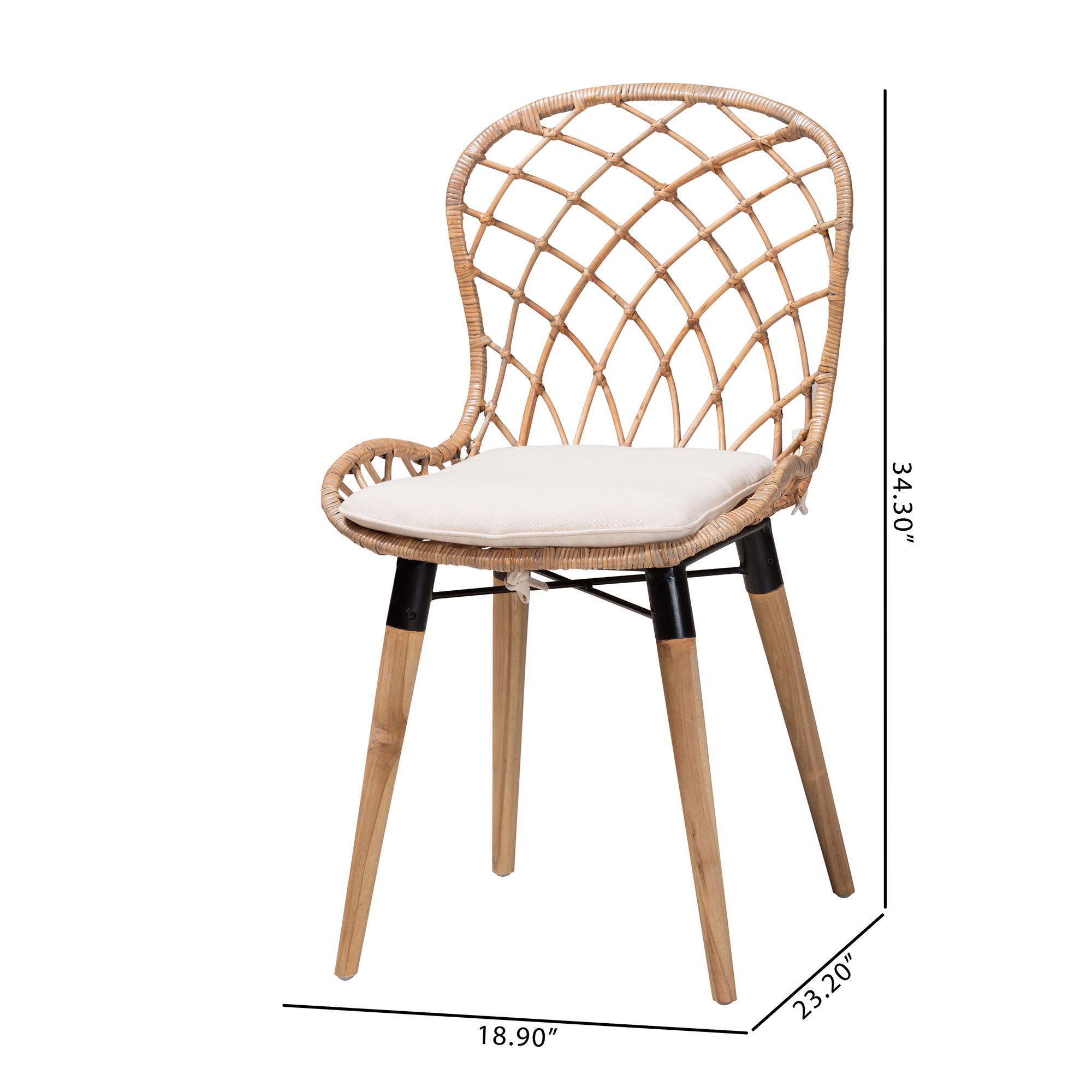 bali & pari Sabelle Modern Bohemian Natural Brown Finished Teak Wood and Greywashed Rattan 2-Piece Dining Chair Set