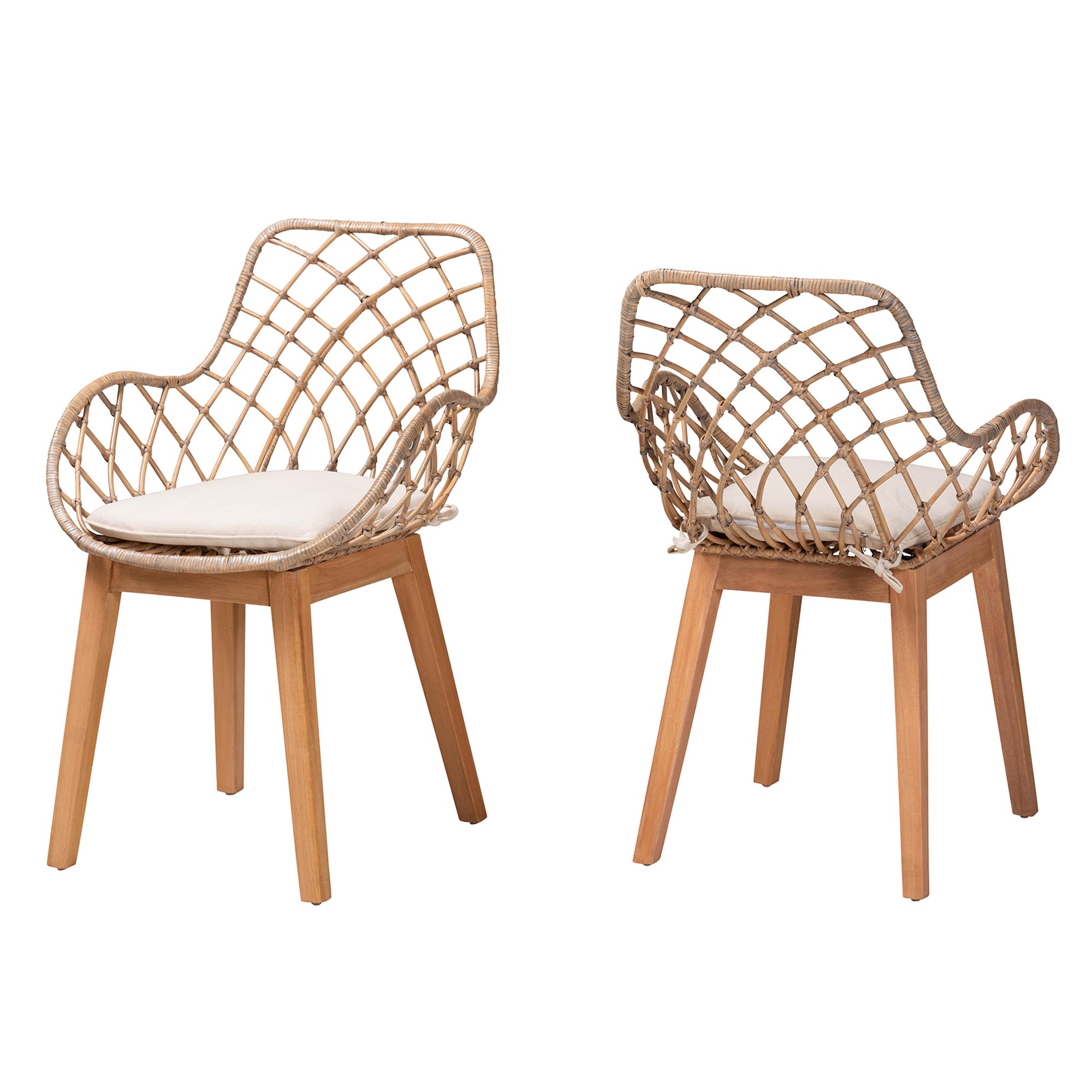 bali & pari Ballerina Modern Bohemian Greywashed Rattan and Natural Brown Finished Wood 2-Piece Dining Chair Set