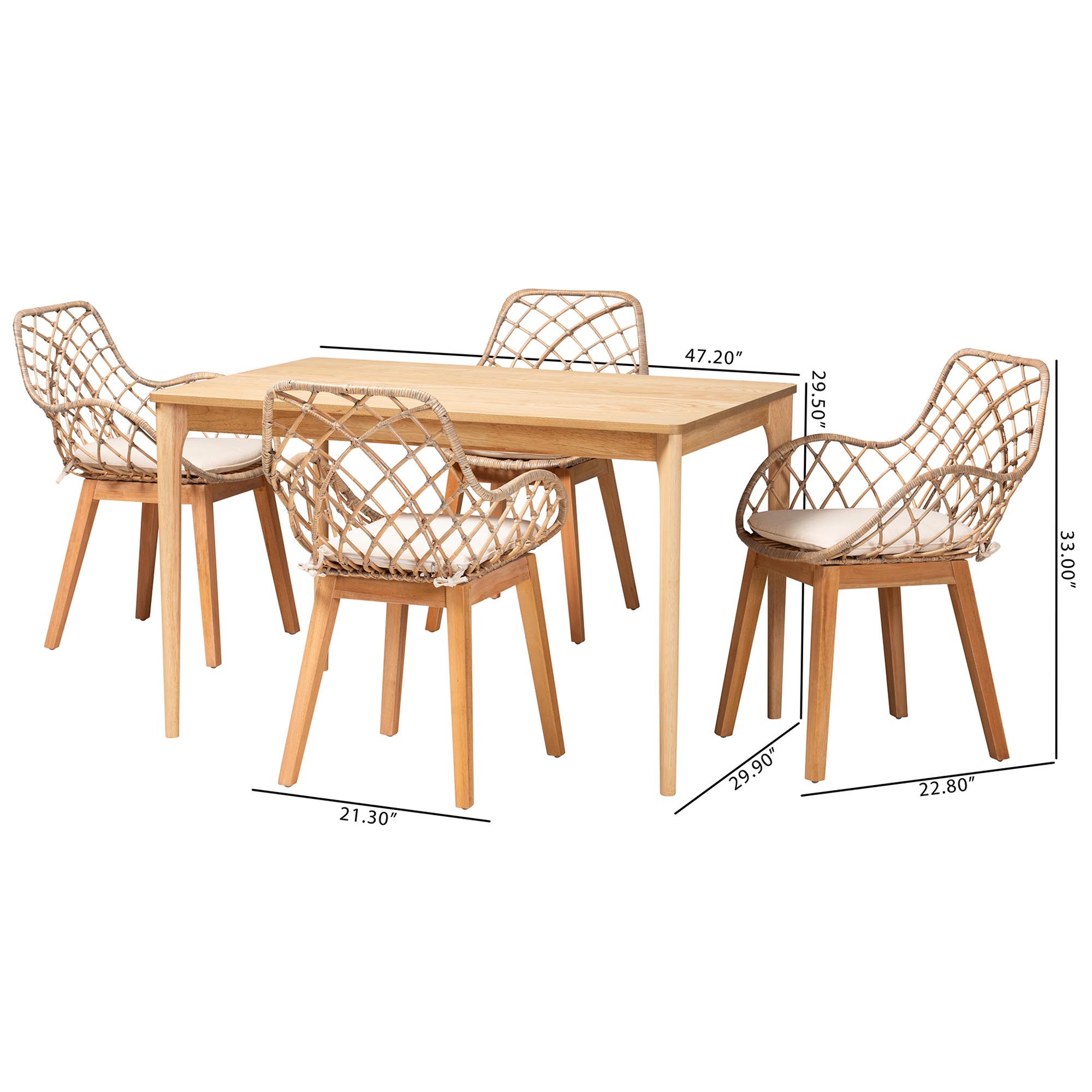 Baxton Studio Ballerina Modern Bohemian Greywashed Rattan and Natural Brown Finished Mahogany Wood 5-Piece Dining Set