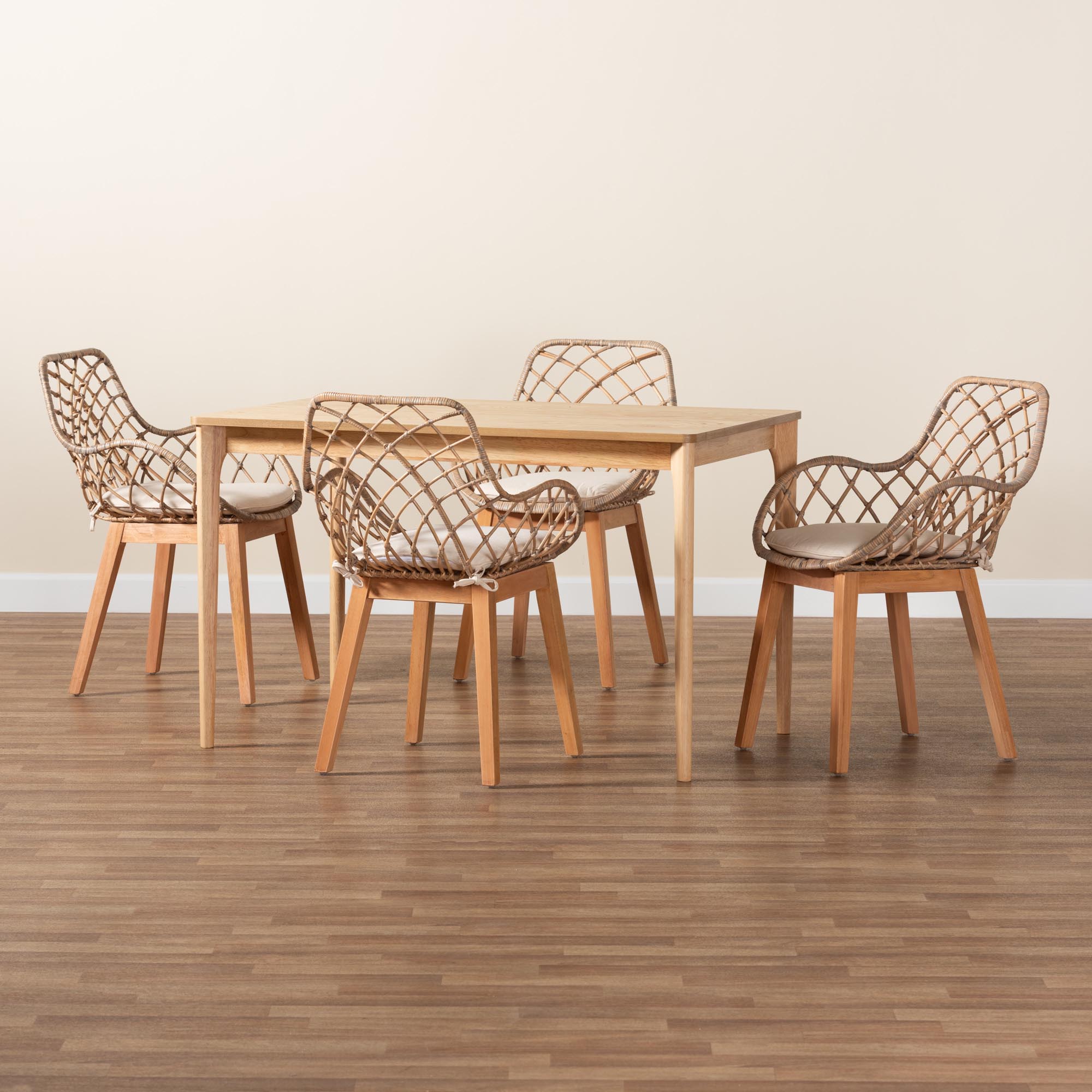 Baxton Studio Ballerina Modern Bohemian Greywashed Rattan and Natural Brown Finished Mahogany Wood 5-Piece Dining Set