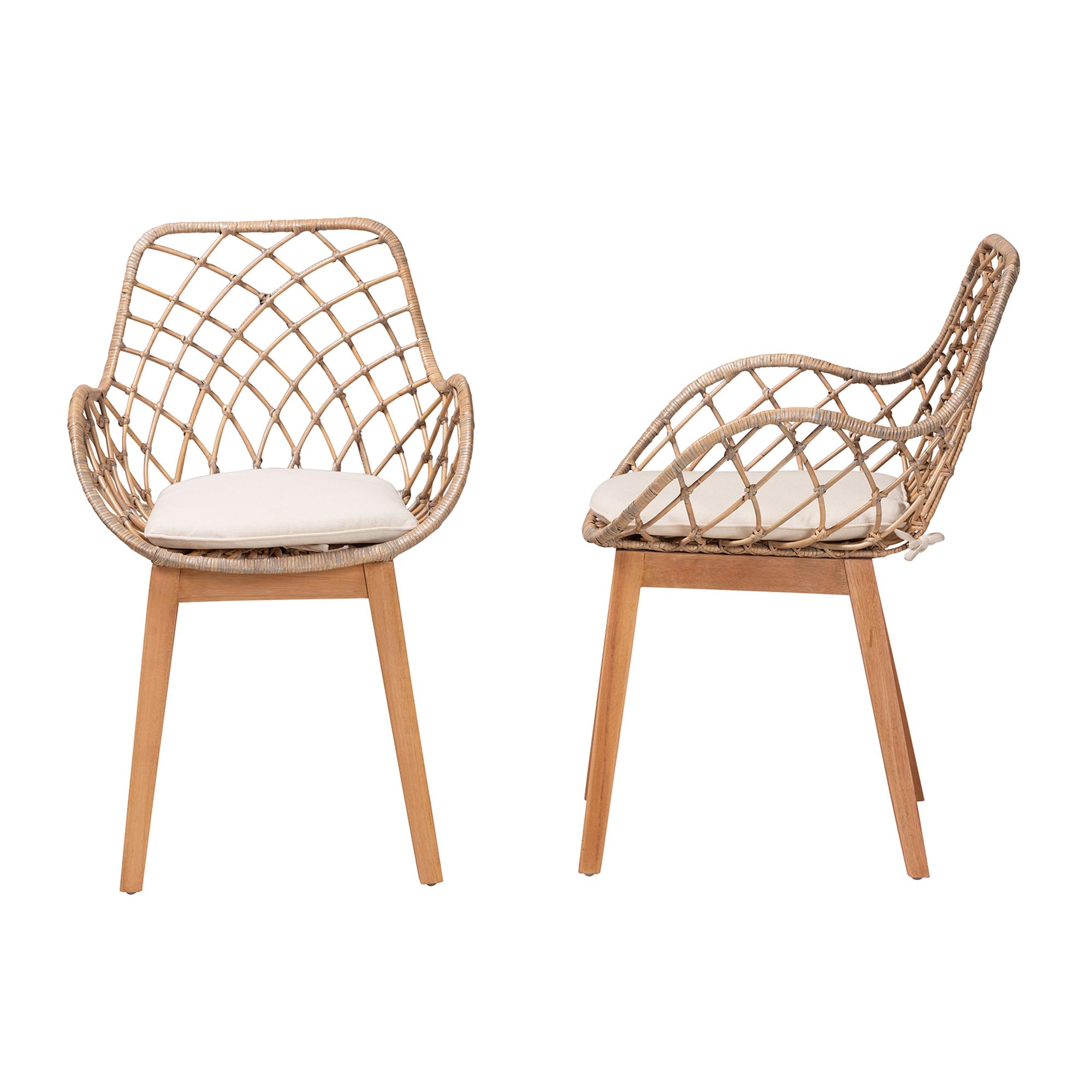 bali & pari Ballerina Modern Bohemian Greywashed Rattan and Natural Brown Finished Wood 2-Piece Dining Chair Set