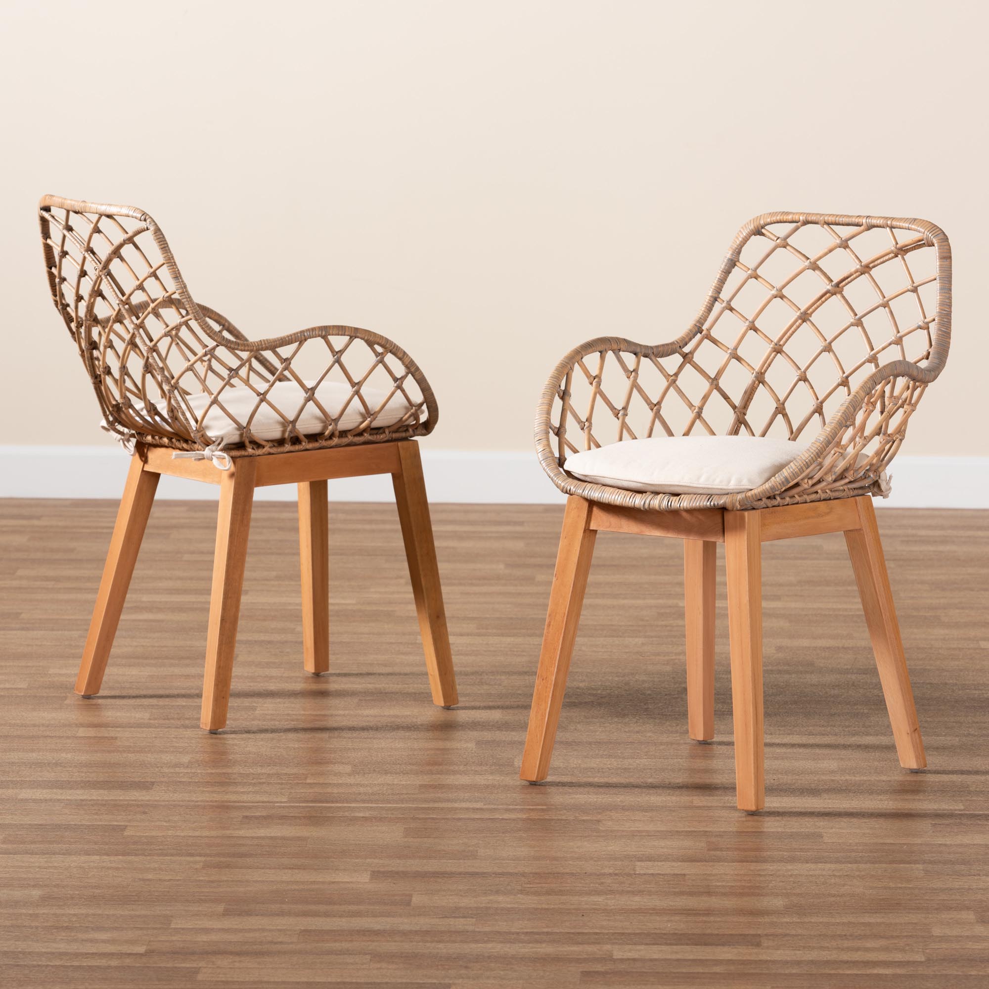 bali & pari Ballerina Modern Bohemian Greywashed Rattan and Natural Brown Finished Wood 2-Piece Dining Chair Set