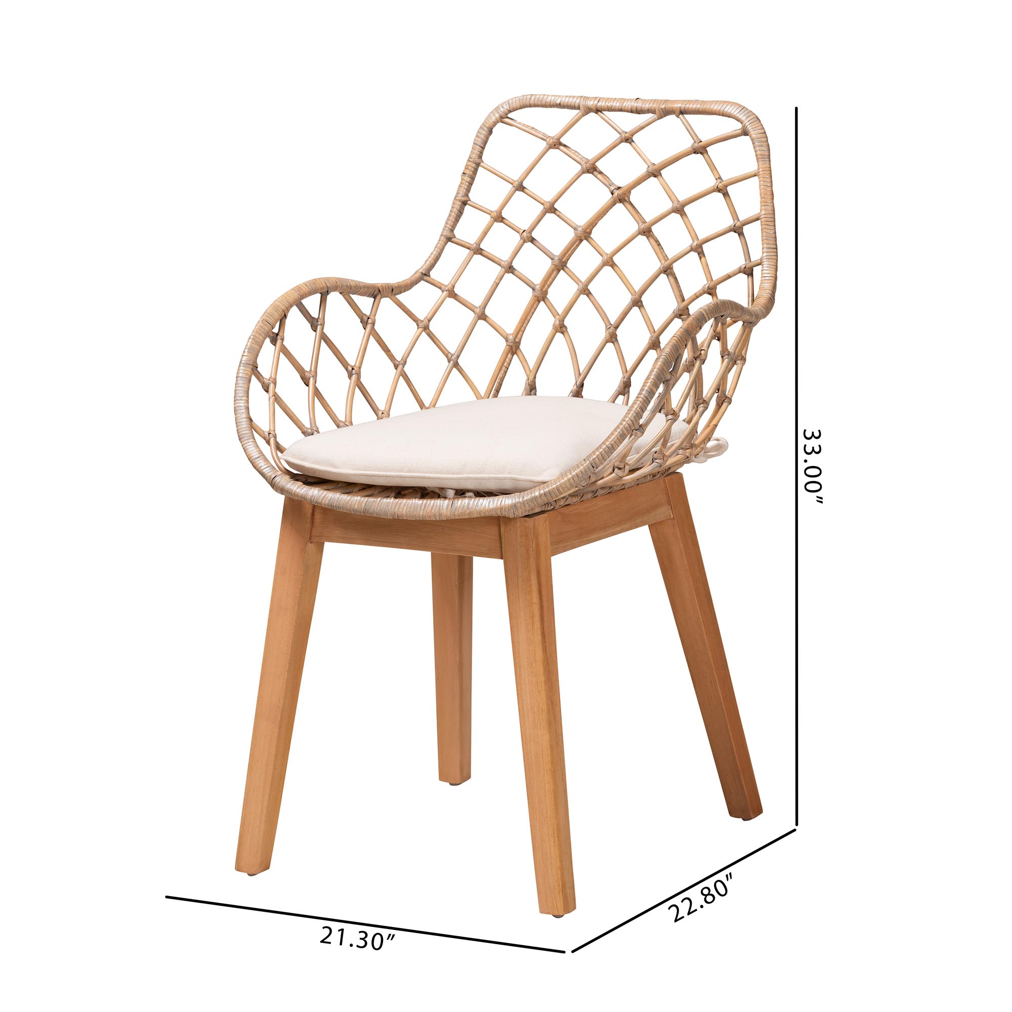 bali & pari Ballerina Modern Bohemian Greywashed Rattan and Natural Brown Finished Wood 2-Piece Dining Chair Set