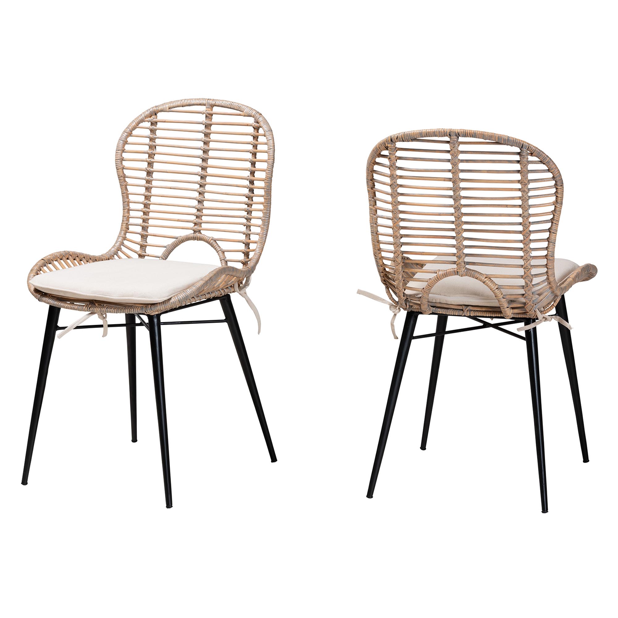 bali & pari Brenna Modern Bohemian Greywashed Rattan and Black Metal 2-Piece Dining Chair Set
