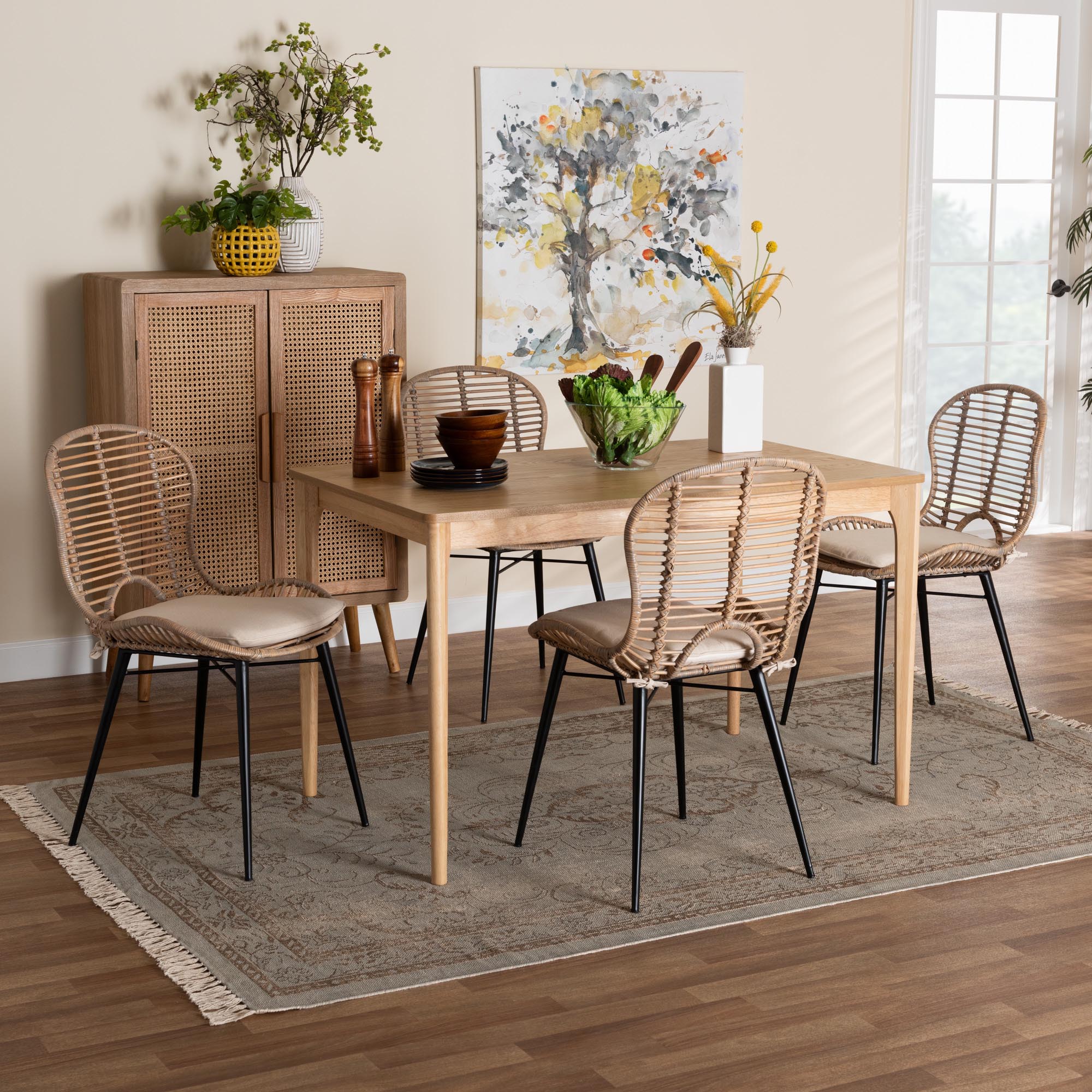 Baxton Studio Brenna Modern Bohemian Greywashed Rattan and Natural Brown Finished Wood 5-Piece Dining Set