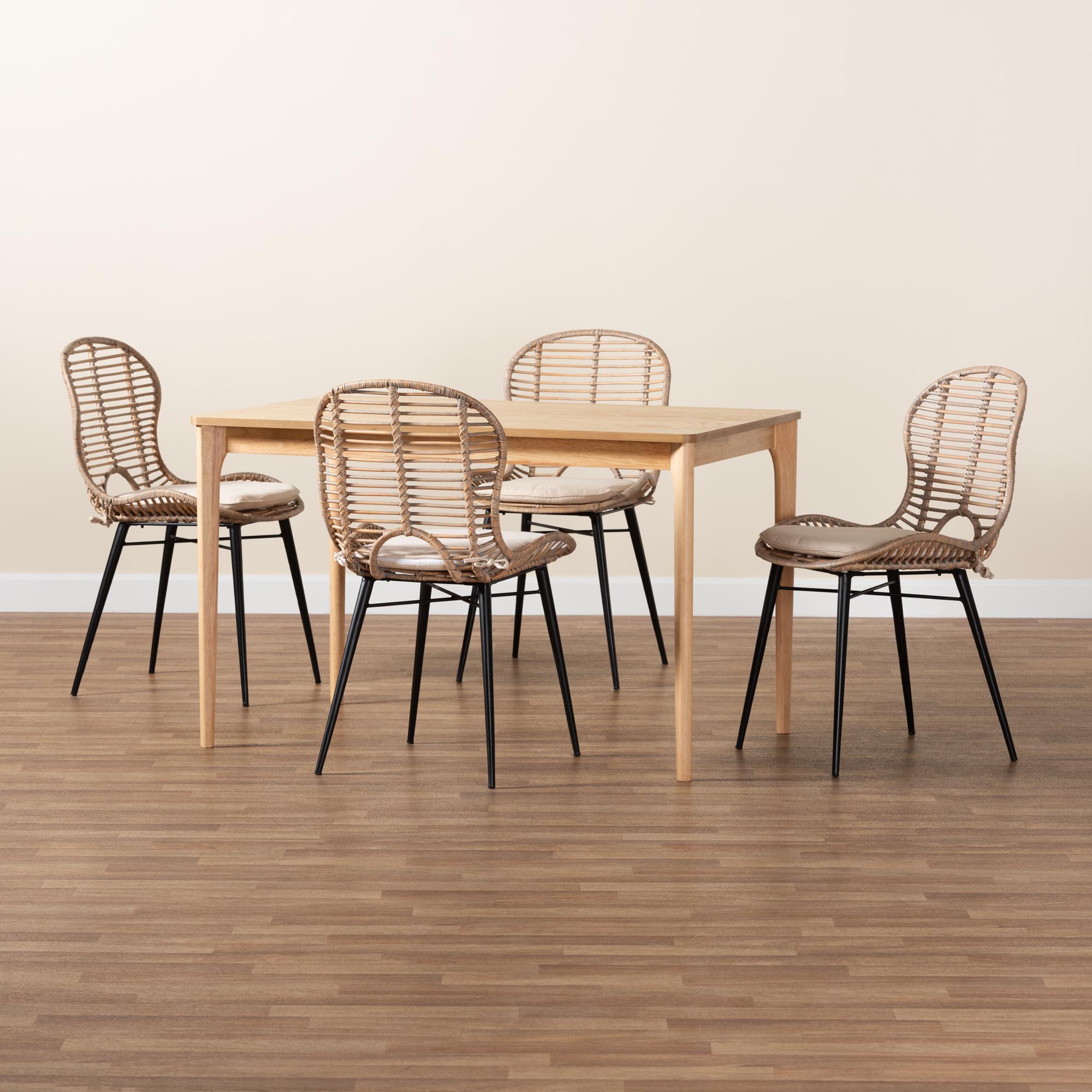 Baxton Studio Brenna Modern Bohemian Greywashed Rattan and Natural Brown Finished Wood 5-Piece Dining Set