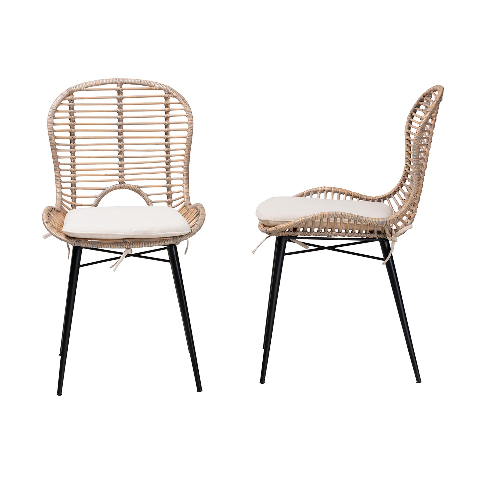 bali & pari Brenna Modern Bohemian Greywashed Rattan and Black Metal 2-Piece Dining Chair Set