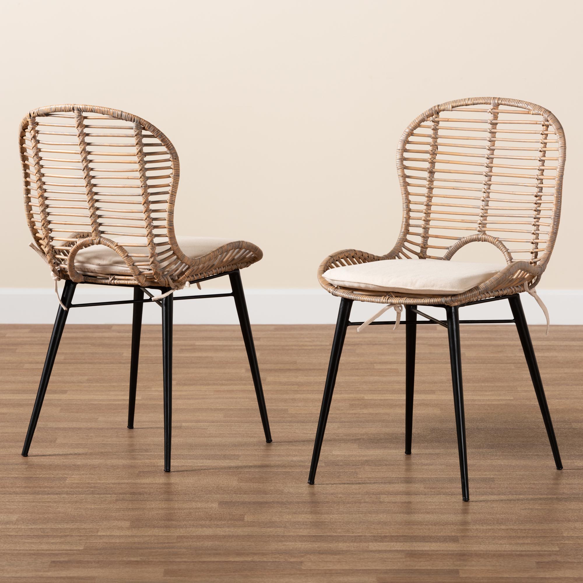 bali & pari Brenna Modern Bohemian Greywashed Rattan and Black Metal 2-Piece Dining Chair Set
