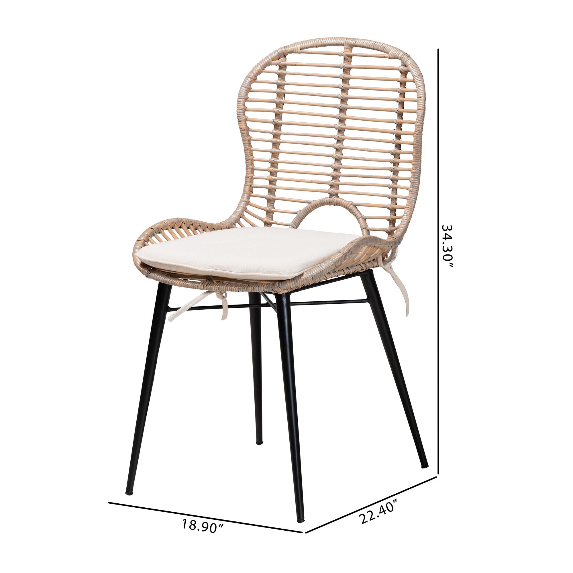 bali & pari Brenna Modern Bohemian Greywashed Rattan and Black Metal 2-Piece Dining Chair Set