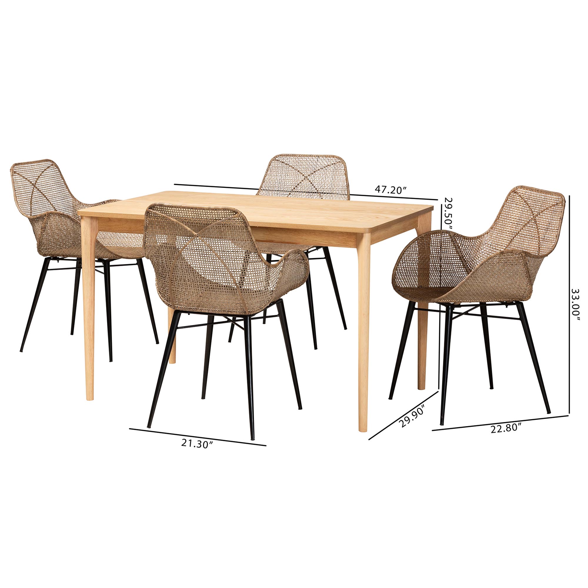 Baxton Studio Ballerina Modern Bohemian Greywashed Rattan and Black Metal 5-Piece Dining Set