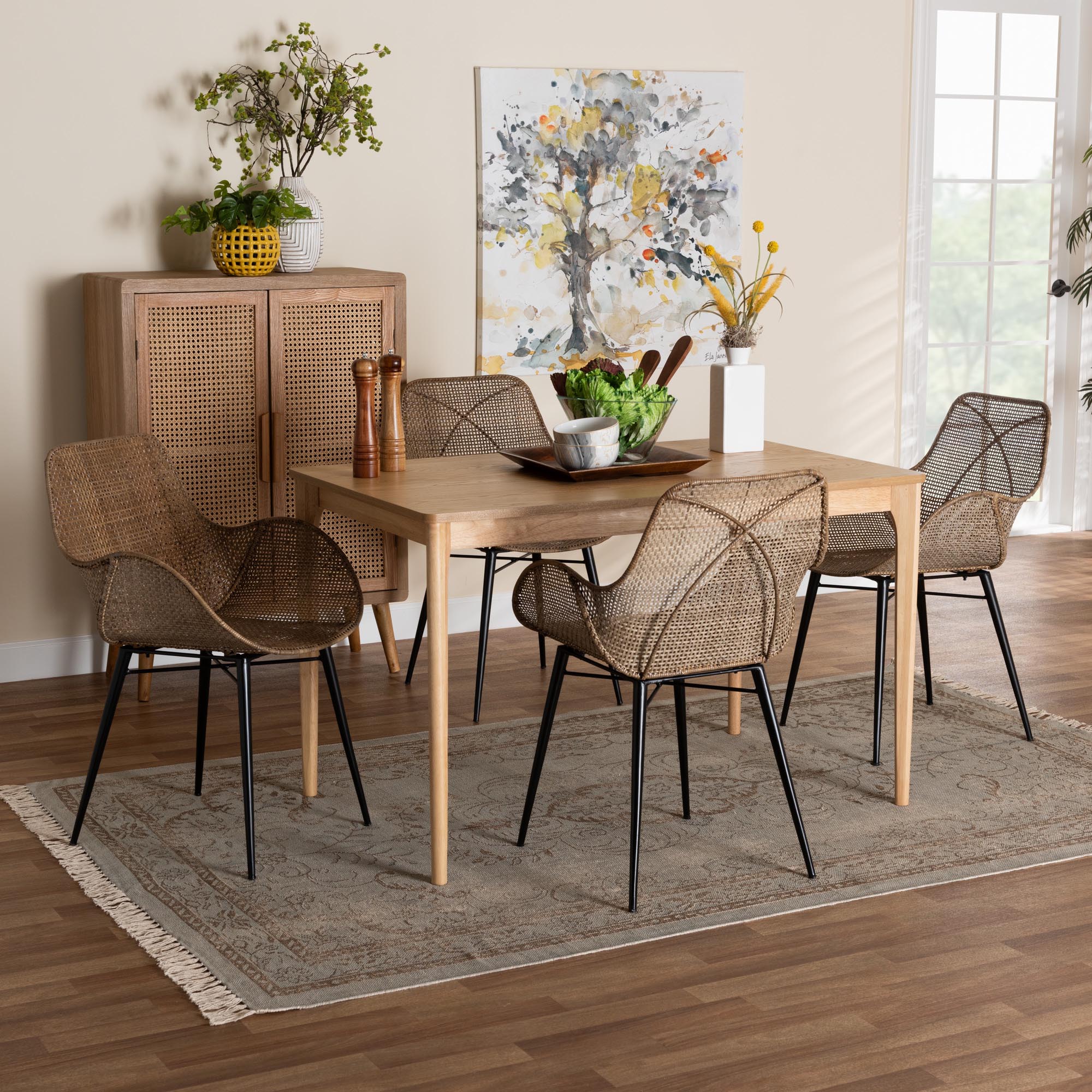 Baxton Studio Ballerina Modern Bohemian Greywashed Rattan and Black Metal 5-Piece Dining Set