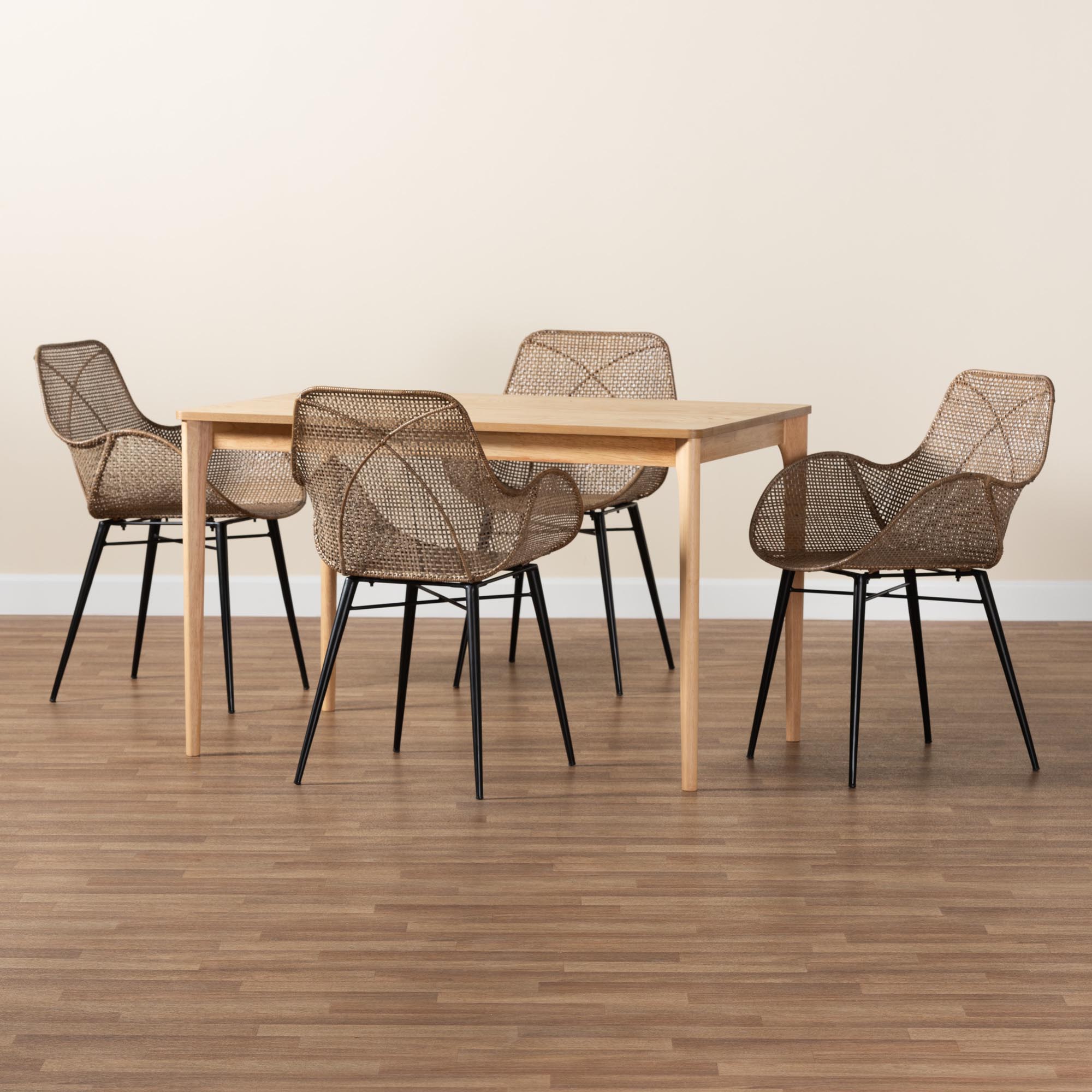 Baxton Studio Ballerina Modern Bohemian Greywashed Rattan and Black Metal 5-Piece Dining Set